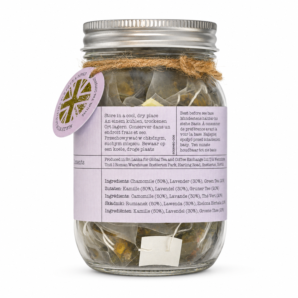 Chamomile & Lavender Tea Bags Mason Jar - 20 Biodegradable Pyramid Bags