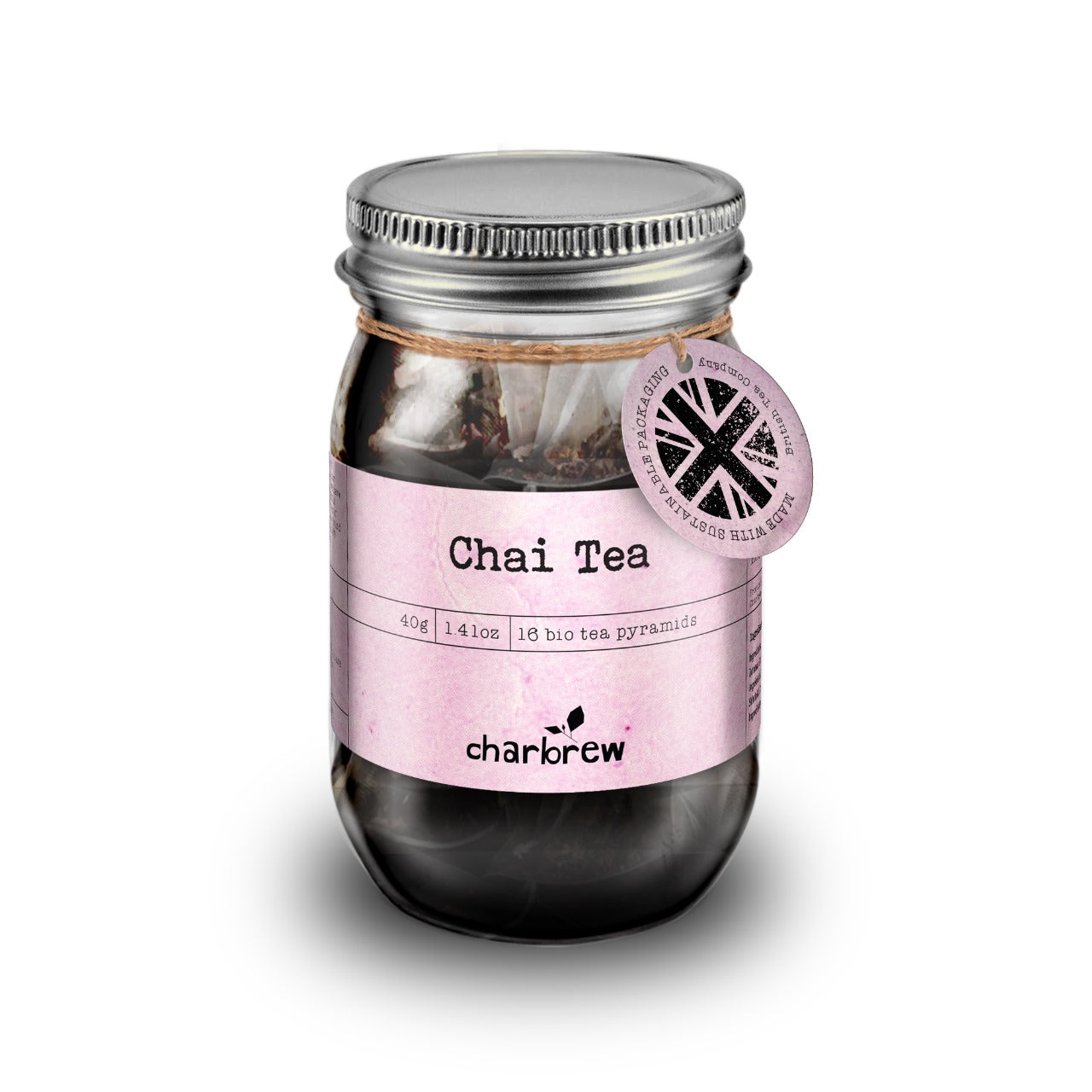 Chai Tea Bags Mason Jar - 16 Biodegradable Pyramid Bags