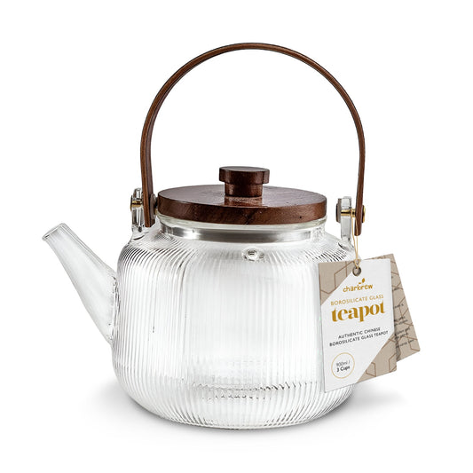 Ribbed Borosilicate Glass Teapot With Wooden Lid & Handle 900ml