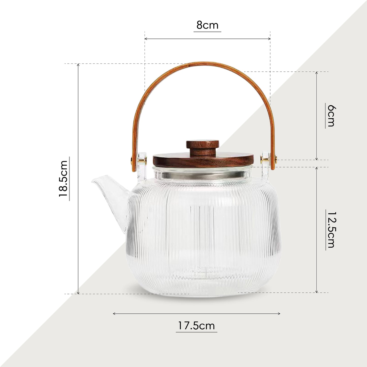 Ribbed Borosilicate Glass Teapot With Wooden Lid & Handle 900ml