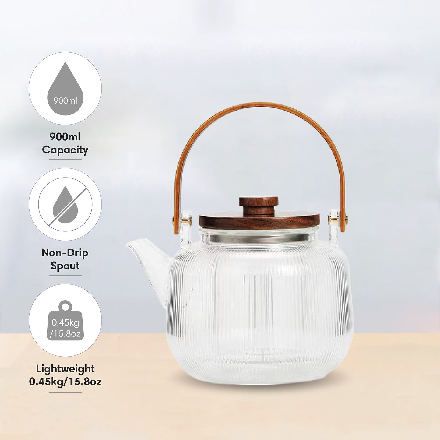 Ribbed Borosilicate Glass Teapot With Wooden Lid & Handle 900ml