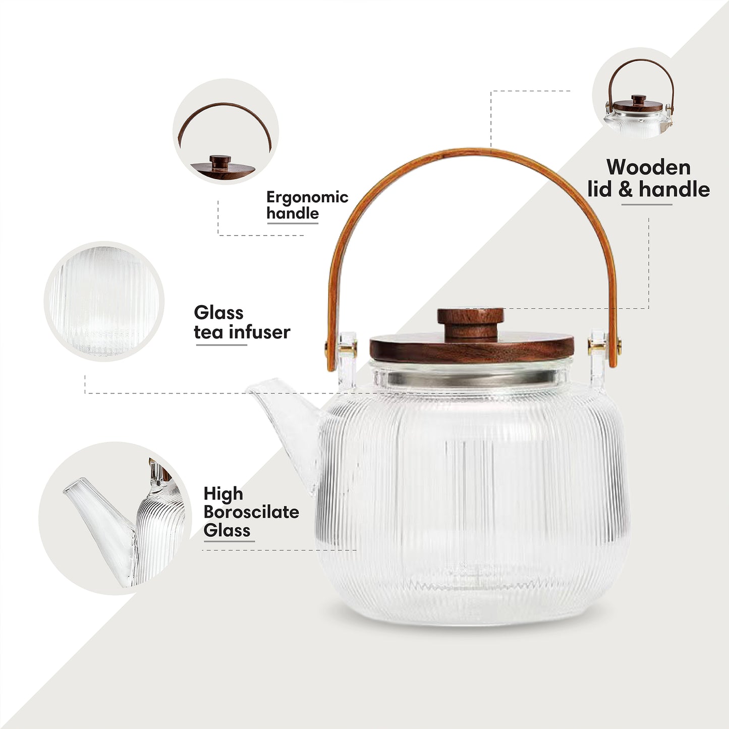 Ribbed Borosilicate Glass Teapot With Wooden Lid & Handle 900ml