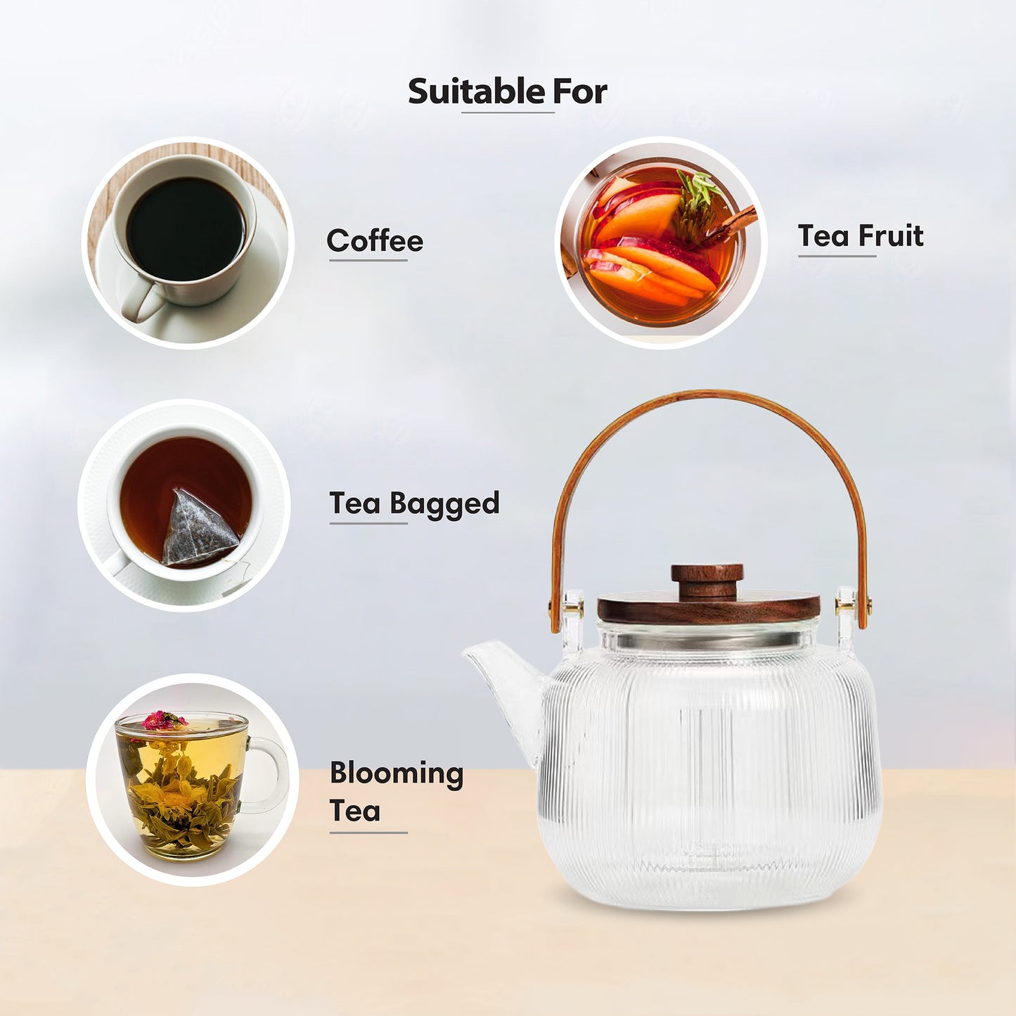 Ribbed Borosilicate Glass Teapot With Wooden Lid & Handle 900ml