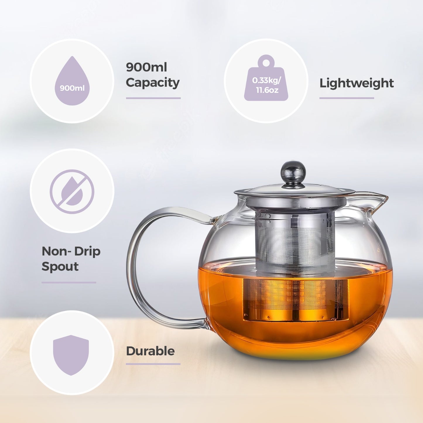 Round Silver Glass Teapot 900ml