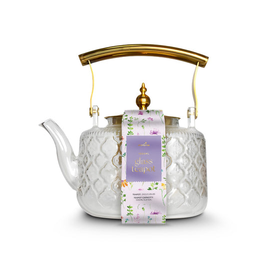 Patterned Borosilicate Glass Teapot With Gold Lid & Handle 1000ml