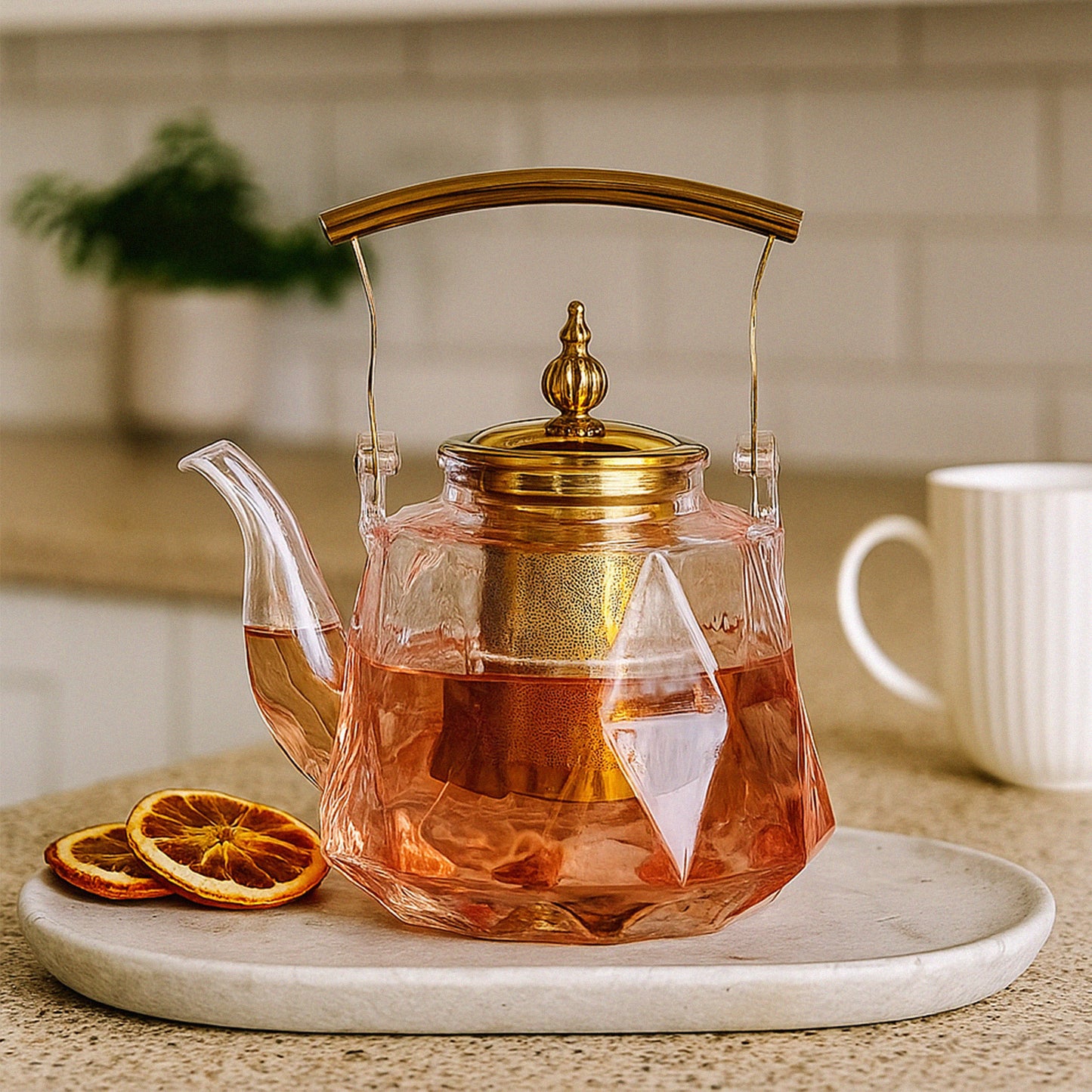 Patterned Borosilicate Pink Lustre Glass Teapot With Gold Lid & Handle 1000ml