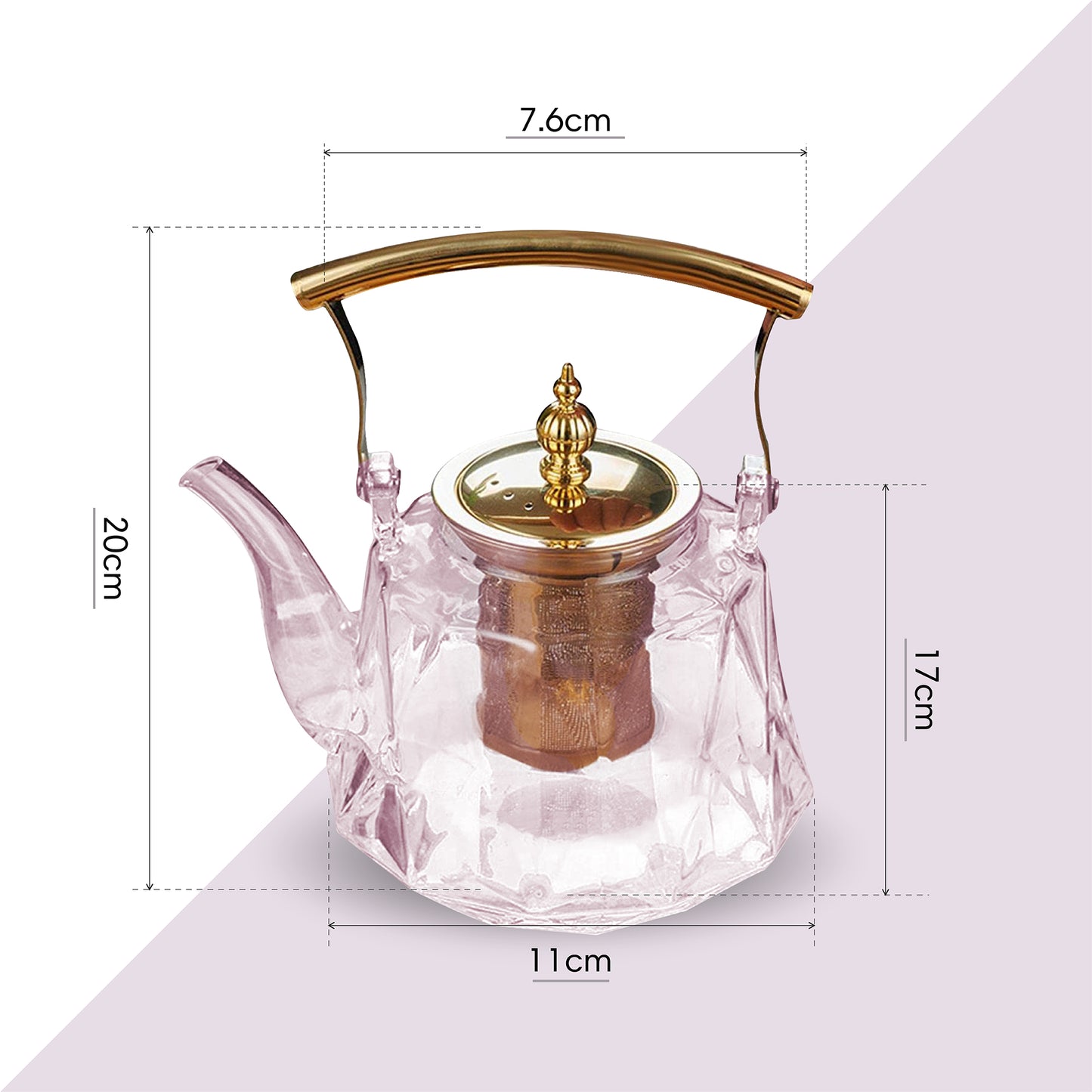 Patterned Borosilicate Pink Lustre Glass Teapot With Gold Lid & Handle 1000ml