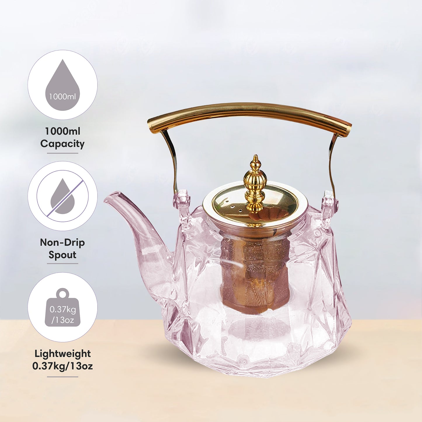 Patterned Borosilicate Pink Lustre Glass Teapot With Gold Lid & Handle 1000ml