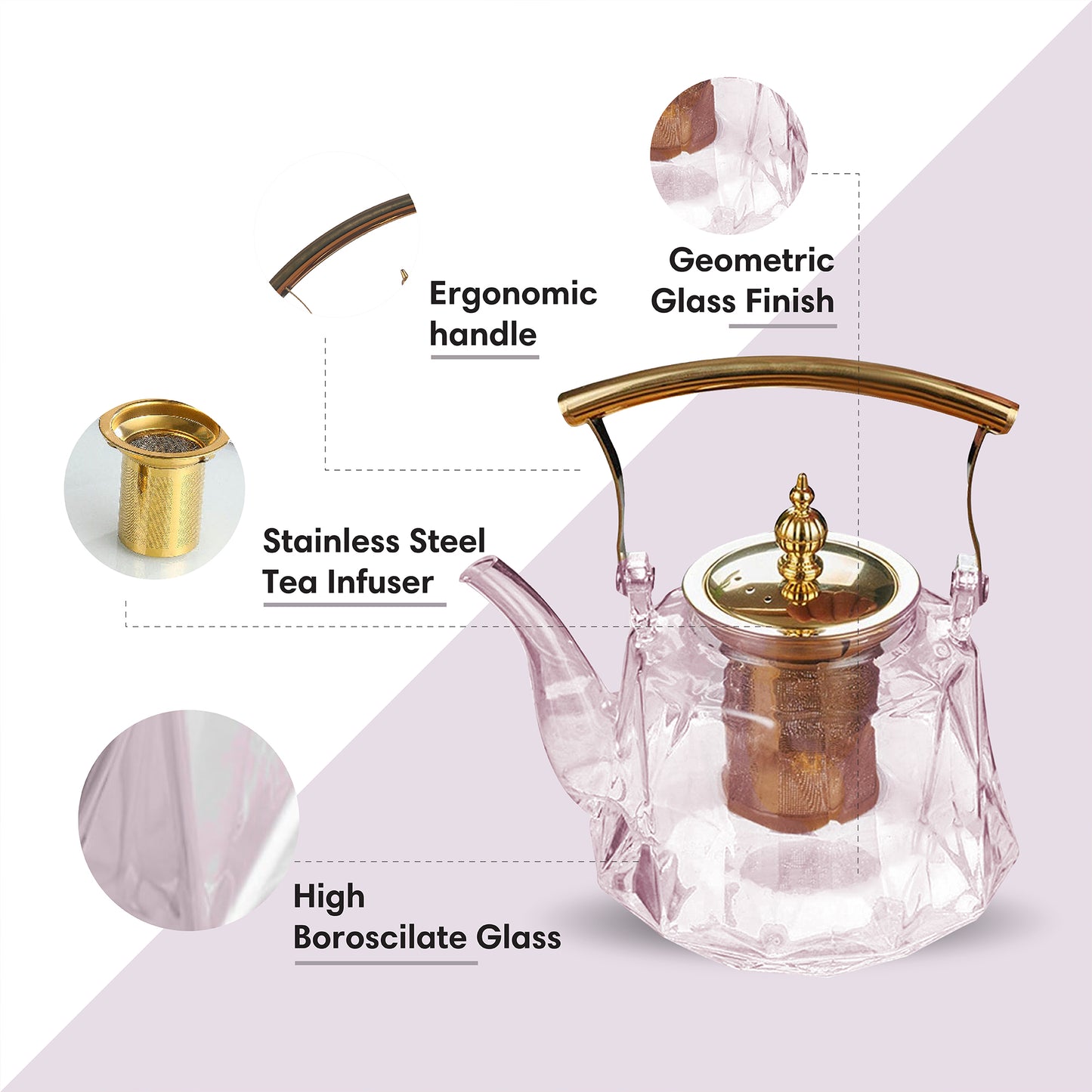 Patterned Borosilicate Pink Lustre Glass Teapot With Gold Lid & Handle 1000ml