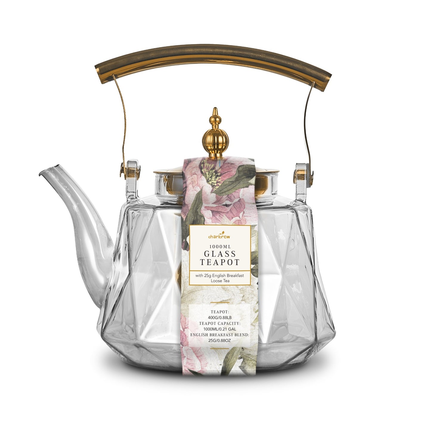 Patterned Borosilicate Clear Glass Teapot With Gold Lid & Handle 1000ml