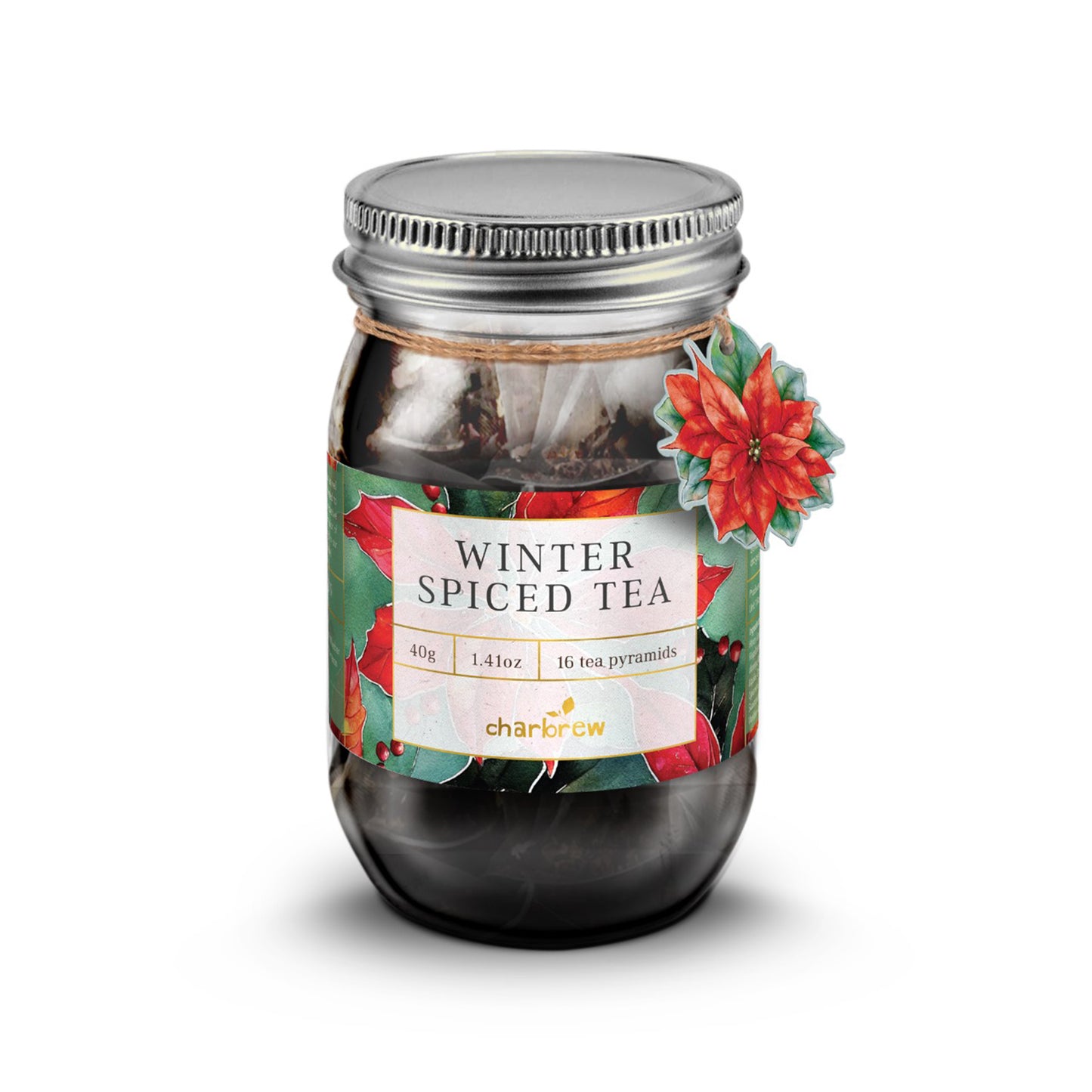 Christmas Floral Winter Spiced Mason Jar Tea - 16 Biodegradable Teabag Pyramids