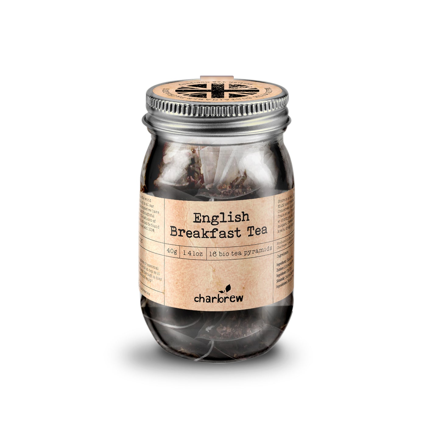 Charbrew carefully crafted English breakfast tea in re-usable mason jar