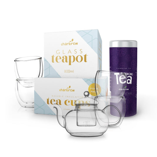 Glass teapot and cups bundle with blooming tea