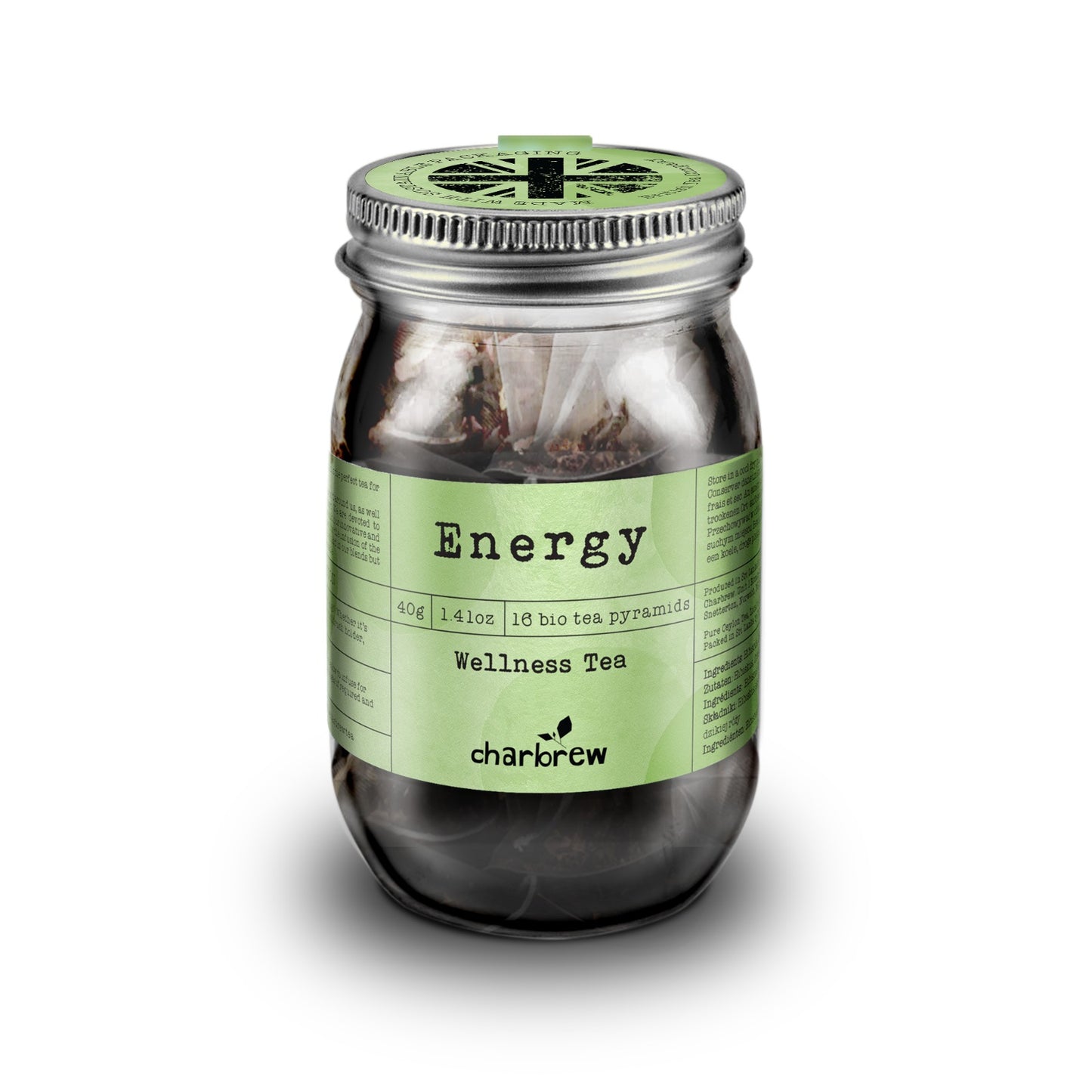 Energy Wellness Tea Bags Mason Jar - 16 Biodegradable Pyramid Bags