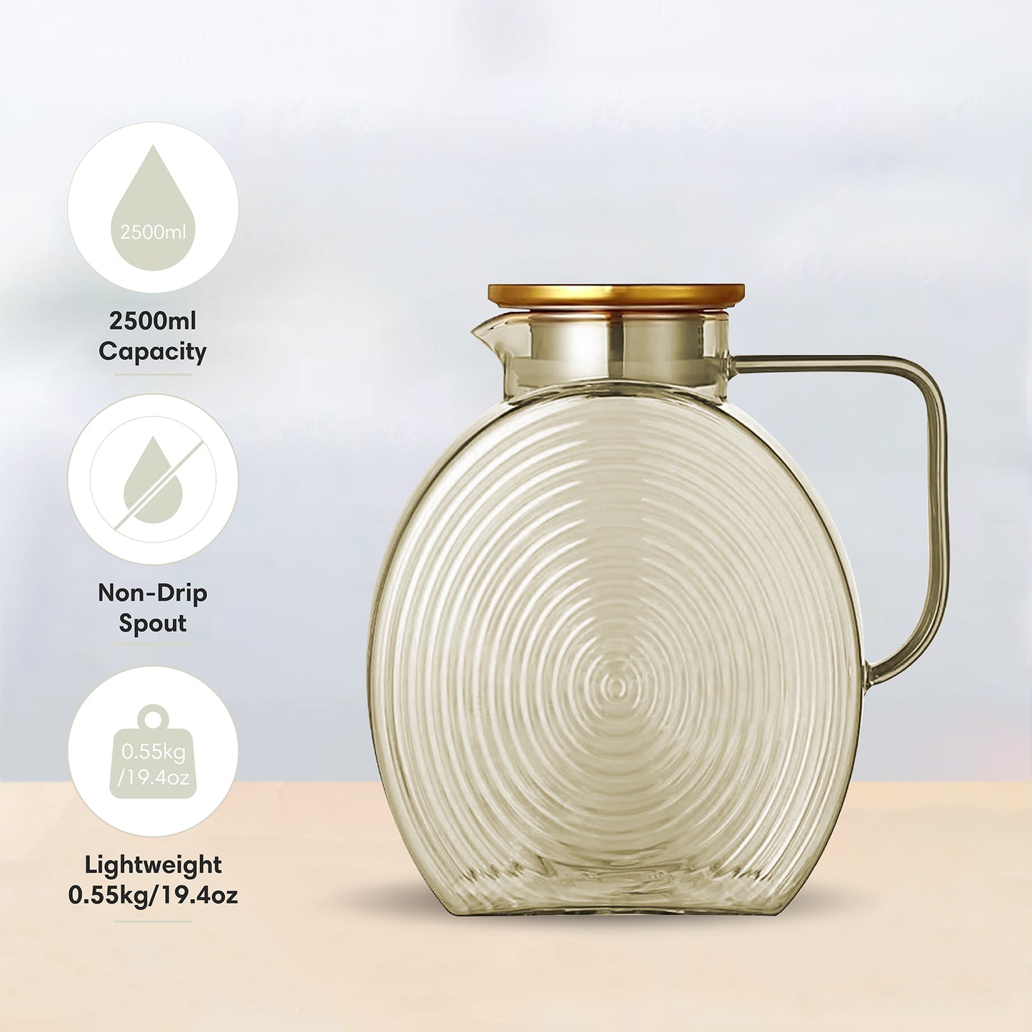 Ribbed Borosilicate Gold Glass Pitcher Jug 2500ml