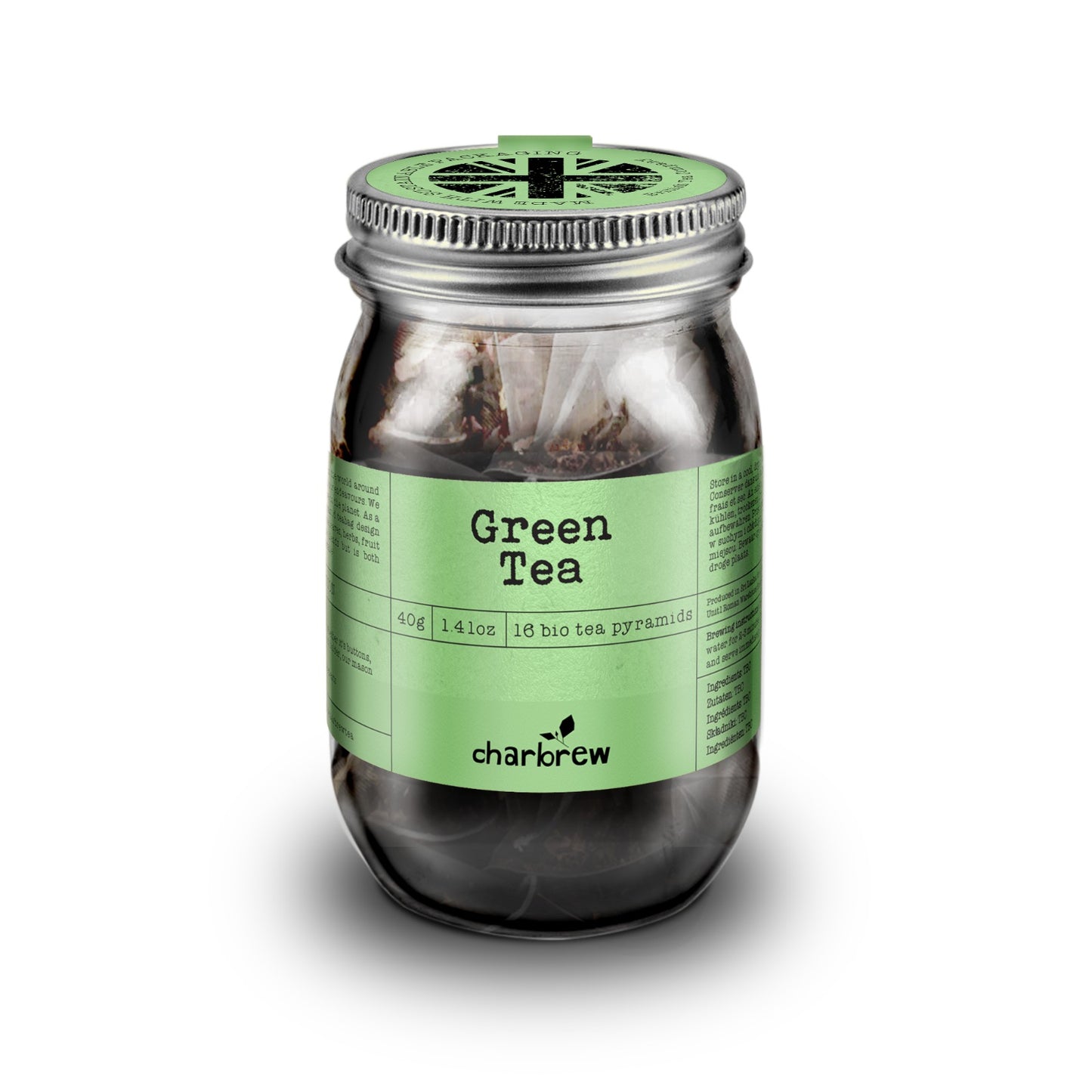 Green Tea Bags Mason Jar - 16 Biodegradable Pyramid Bags