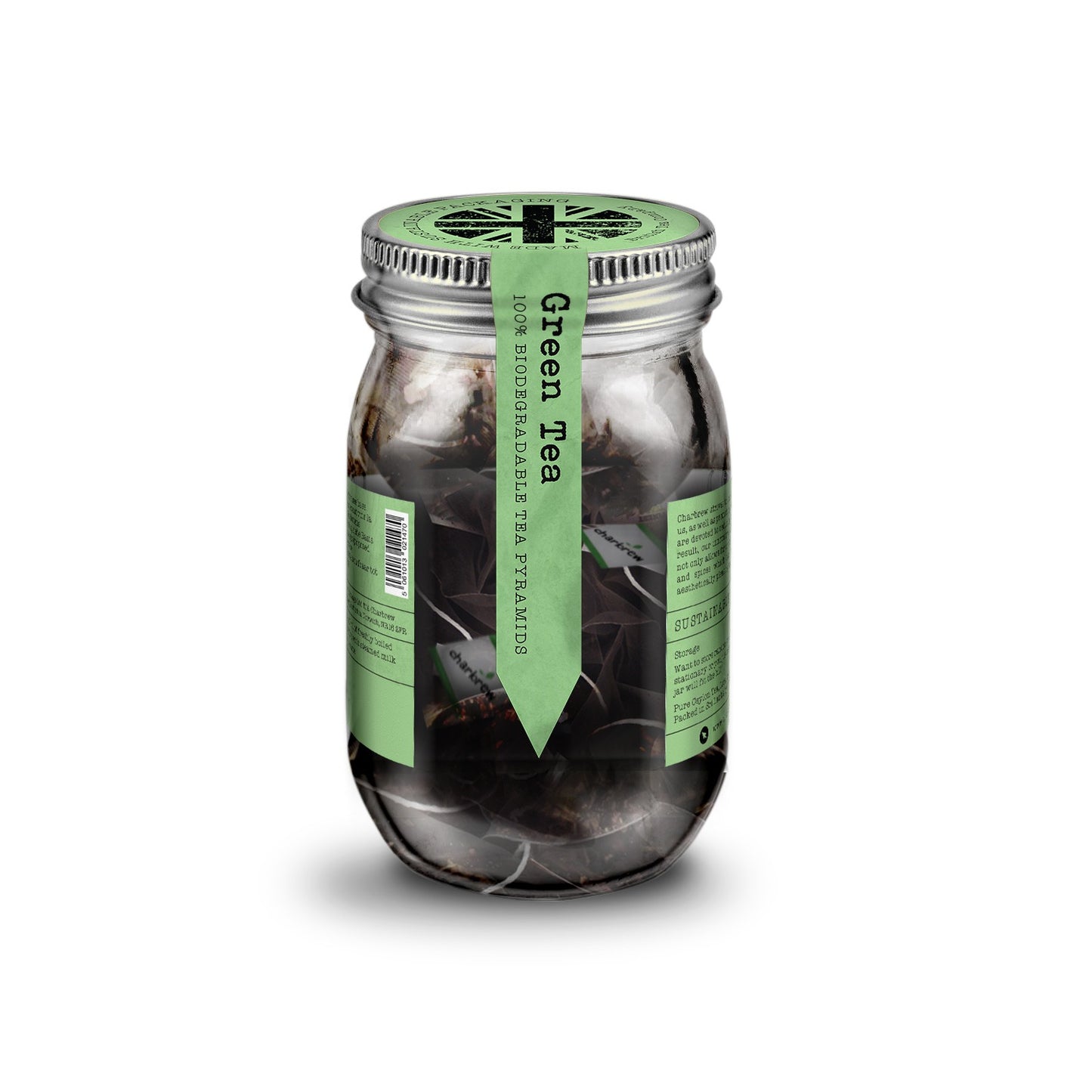 Green Tea Bags Mason Jar - 16 Biodegradable Pyramid Bags