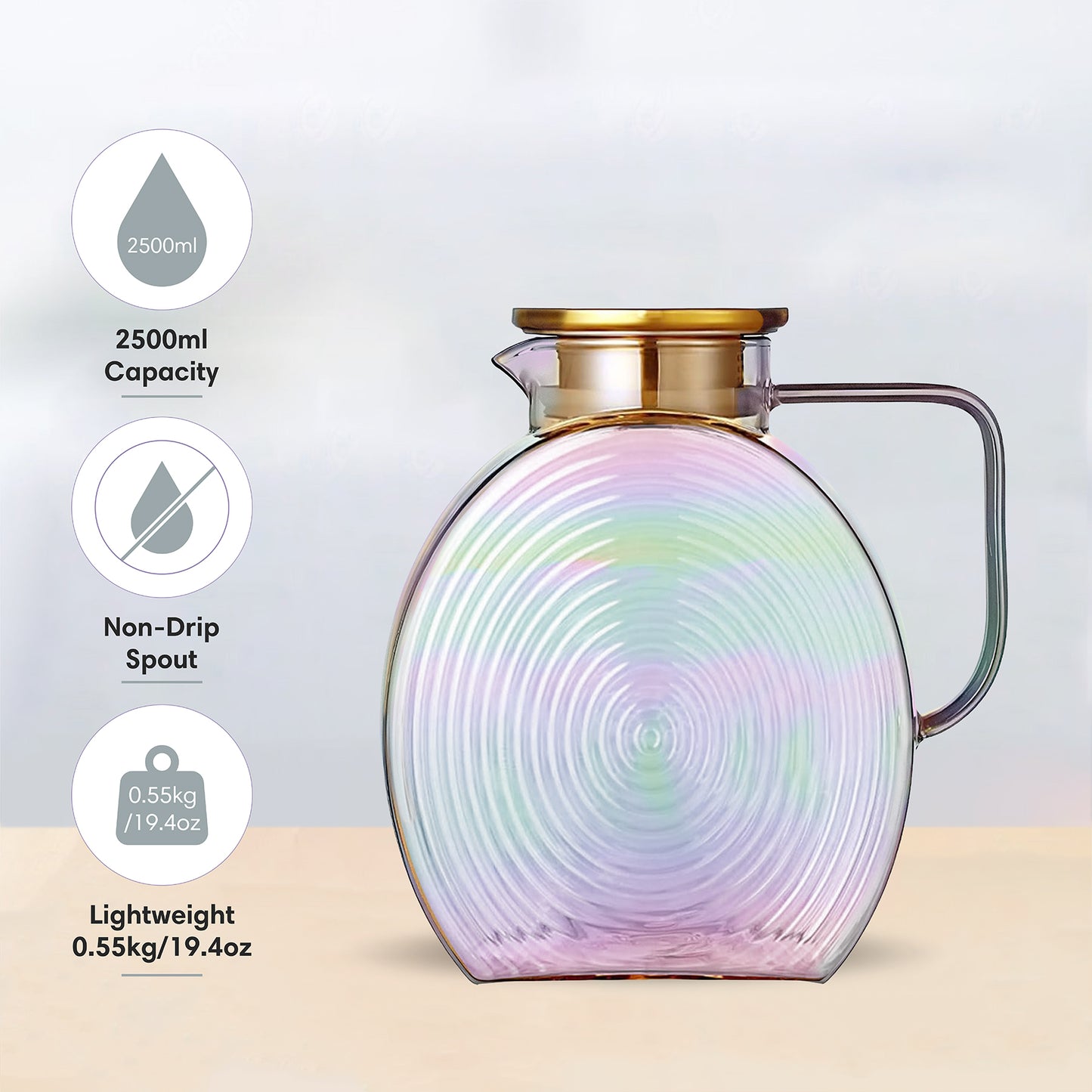Ribbed Borosilicate Iridescent Glass Pitcher Jug 2500ml