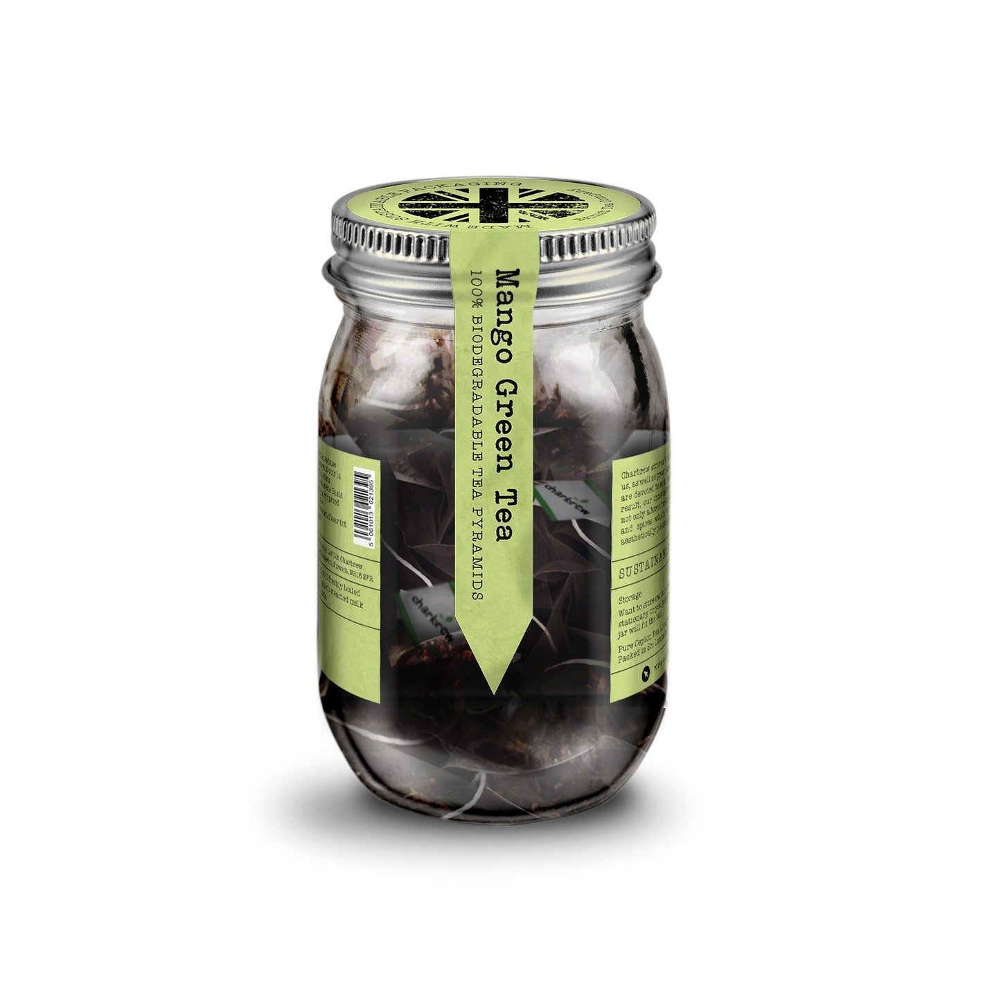 Mango Green Tea Bags Mason Jar - 16 Biodegradable Pyramid Bags