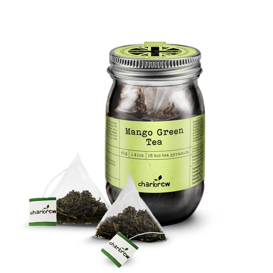Mango Green Tea Bags Mason Jar - 16 Biodegradable Pyramid Bags