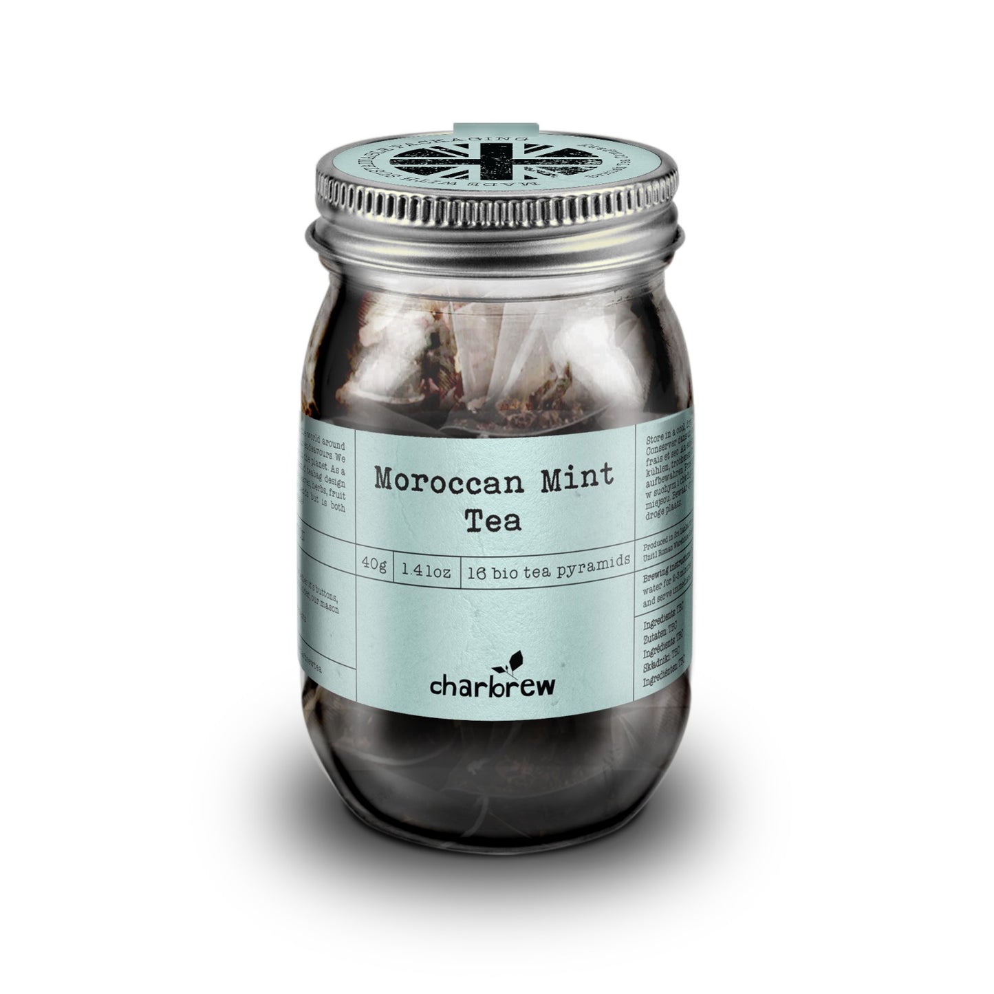 Moroccan Mint Tea Bags Mason Jar - 16 Biodegradable Pyramid Bags