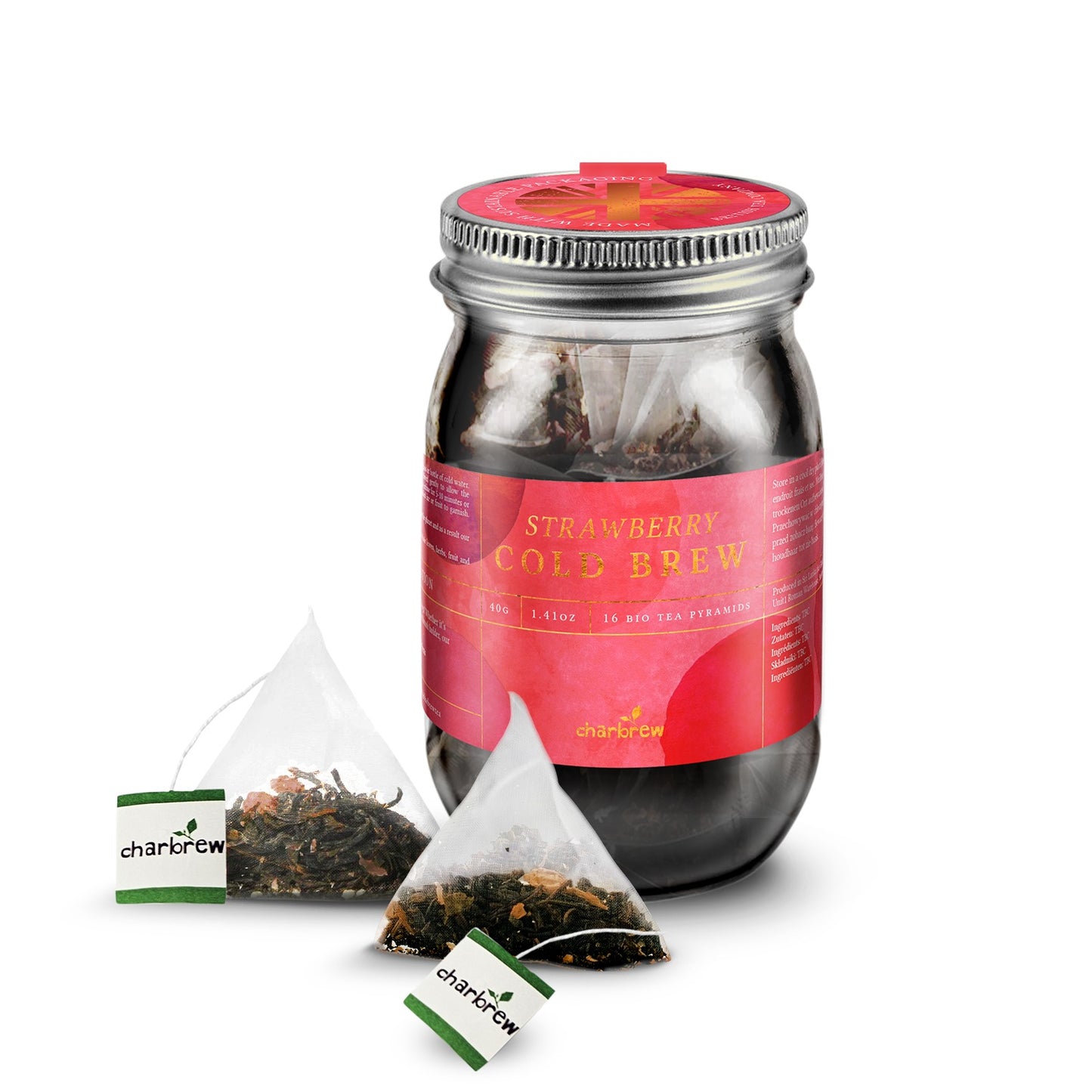 Strawberry Cold Brew Tea Bags Mason Jar - 16 Biodegradable Pyramid Bags