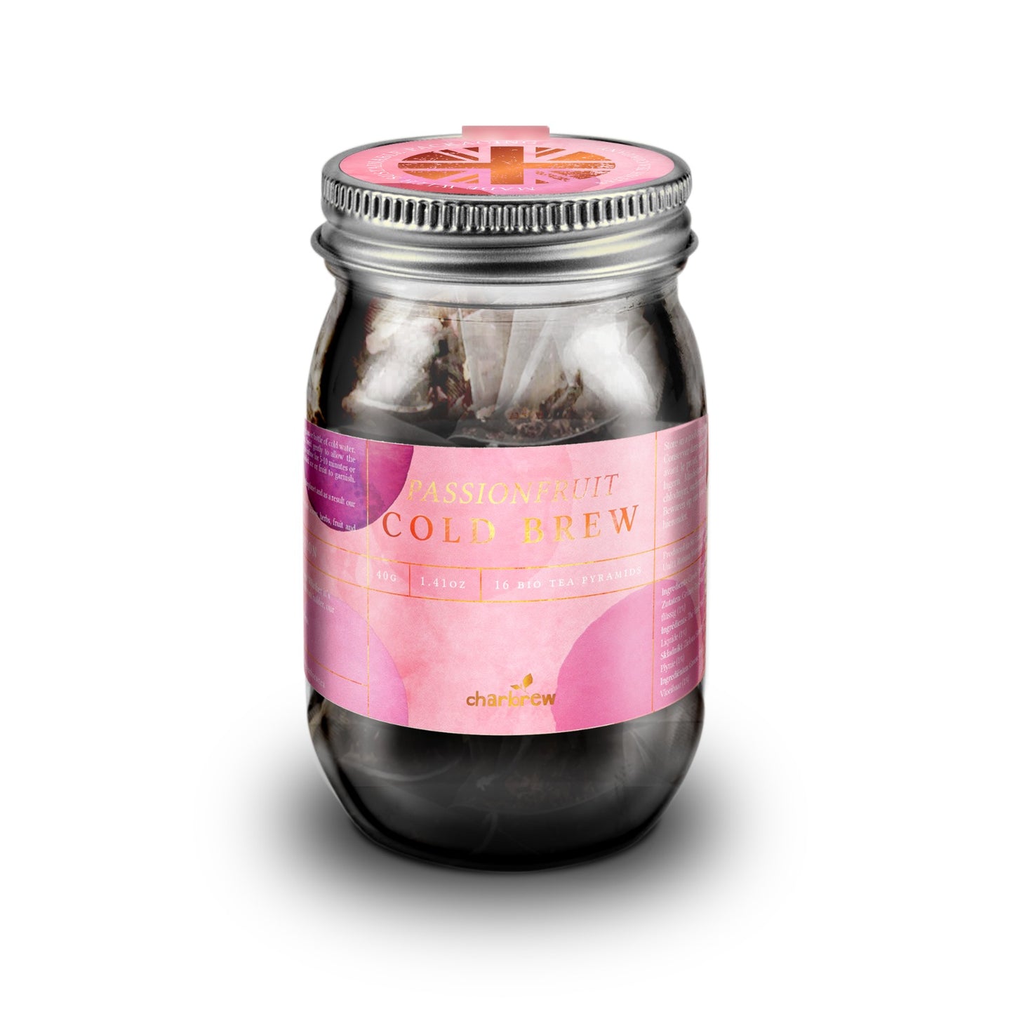 Passionfruit Cold Brew Tea Bags Mason Jar - 16 Biodegradable Pyramid Bags