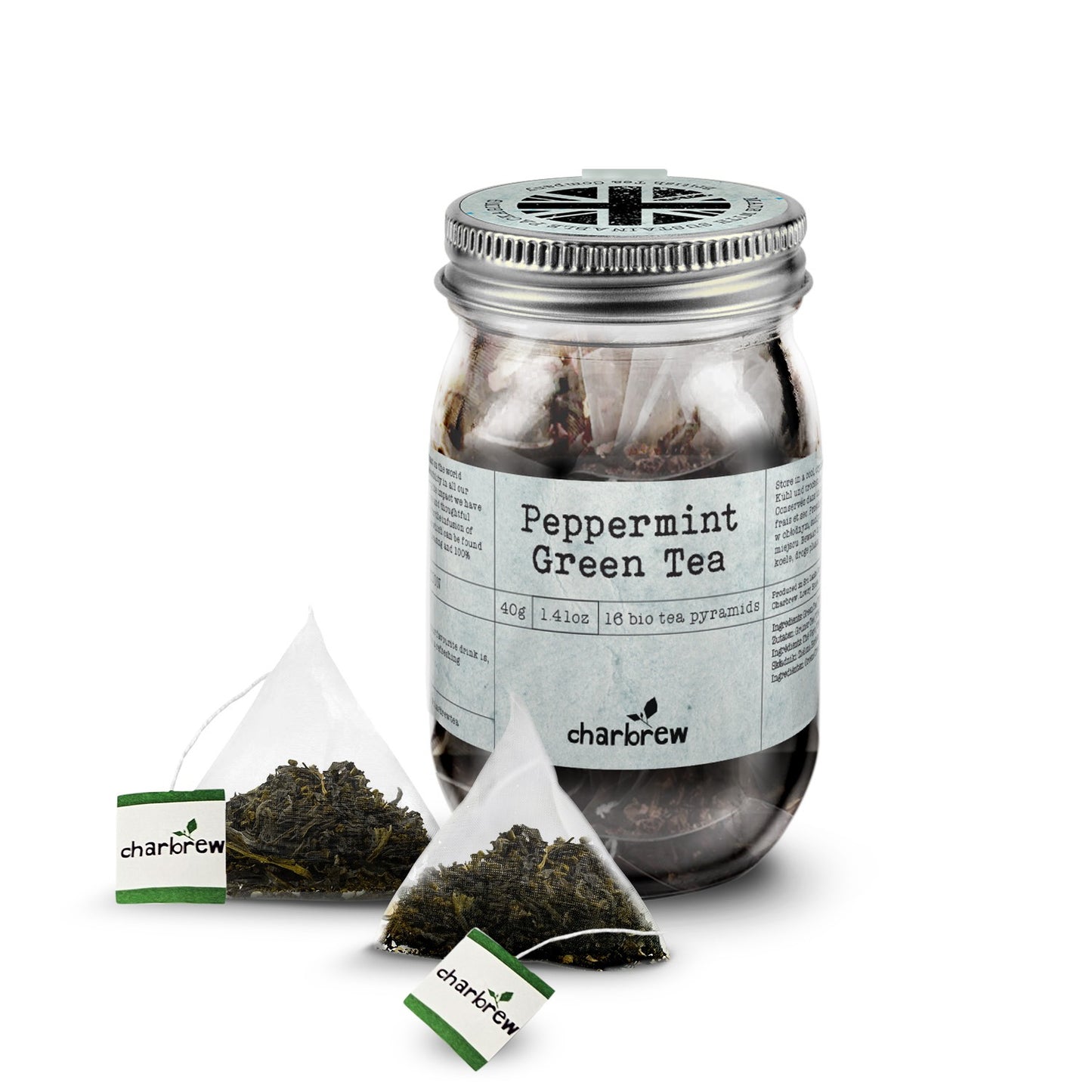 Peppermint Green Tea Bags Mason Jar - 16 Biodegradable Pyramid Bags