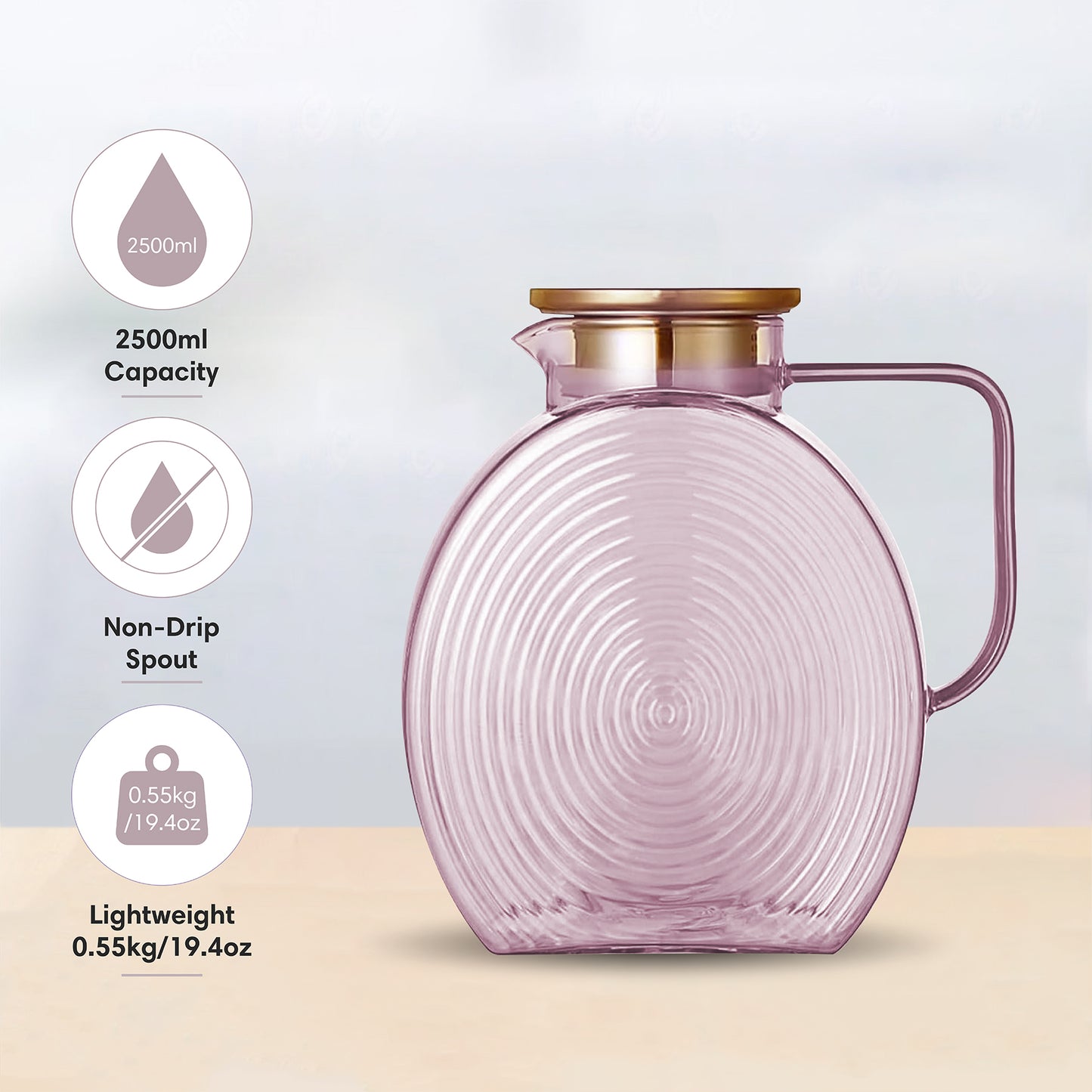 Ribbed Borosilicate Pink Glass Pitcher Jug 2500ml