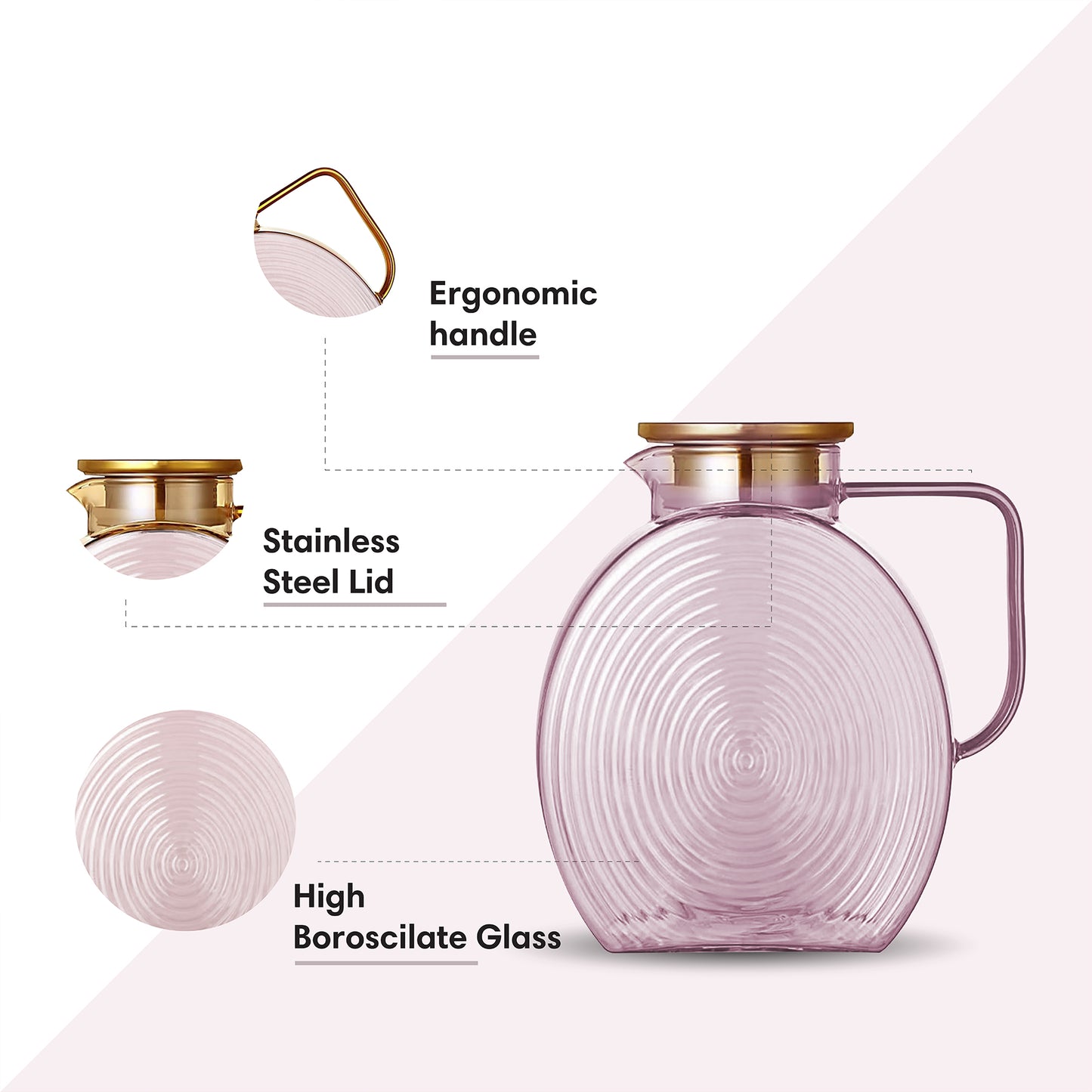 Ribbed Borosilicate Pink Glass Pitcher Jug 2500ml