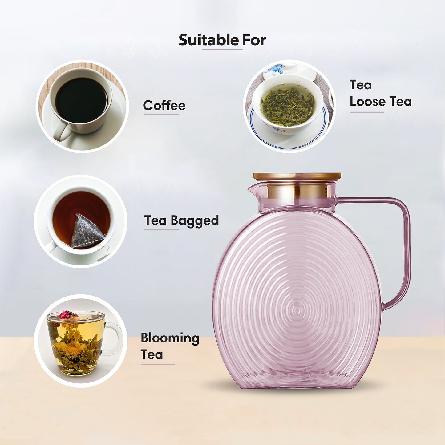 Ribbed Borosilicate Pink Glass Pitcher Jug 2500ml