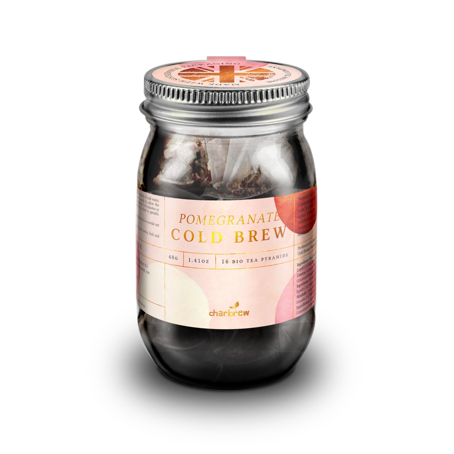 Pomegranate Cold Brew Tea Bags Mason Jar - 16 Biodegradable Pyramid Bags