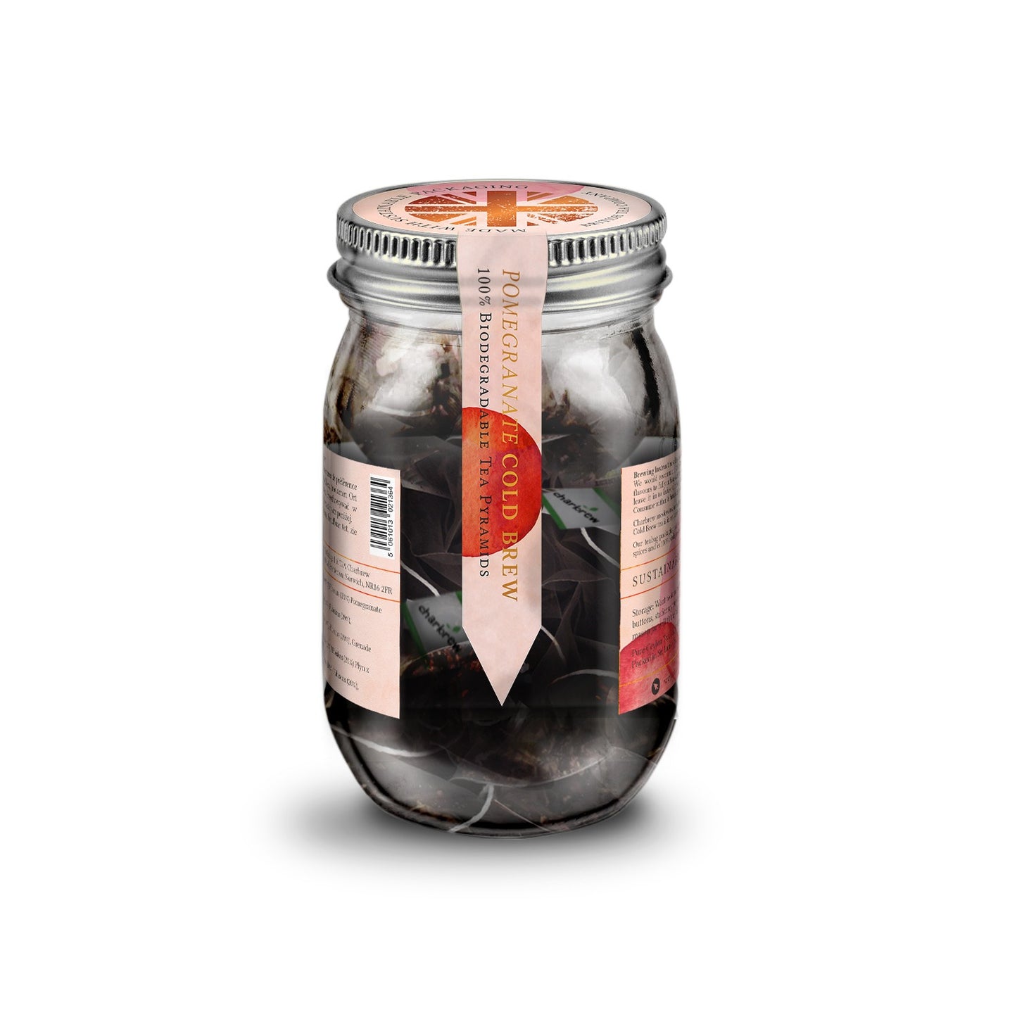 Pomegranate Cold Brew Tea Bags Mason Jar - 16 Biodegradable Pyramid Bags