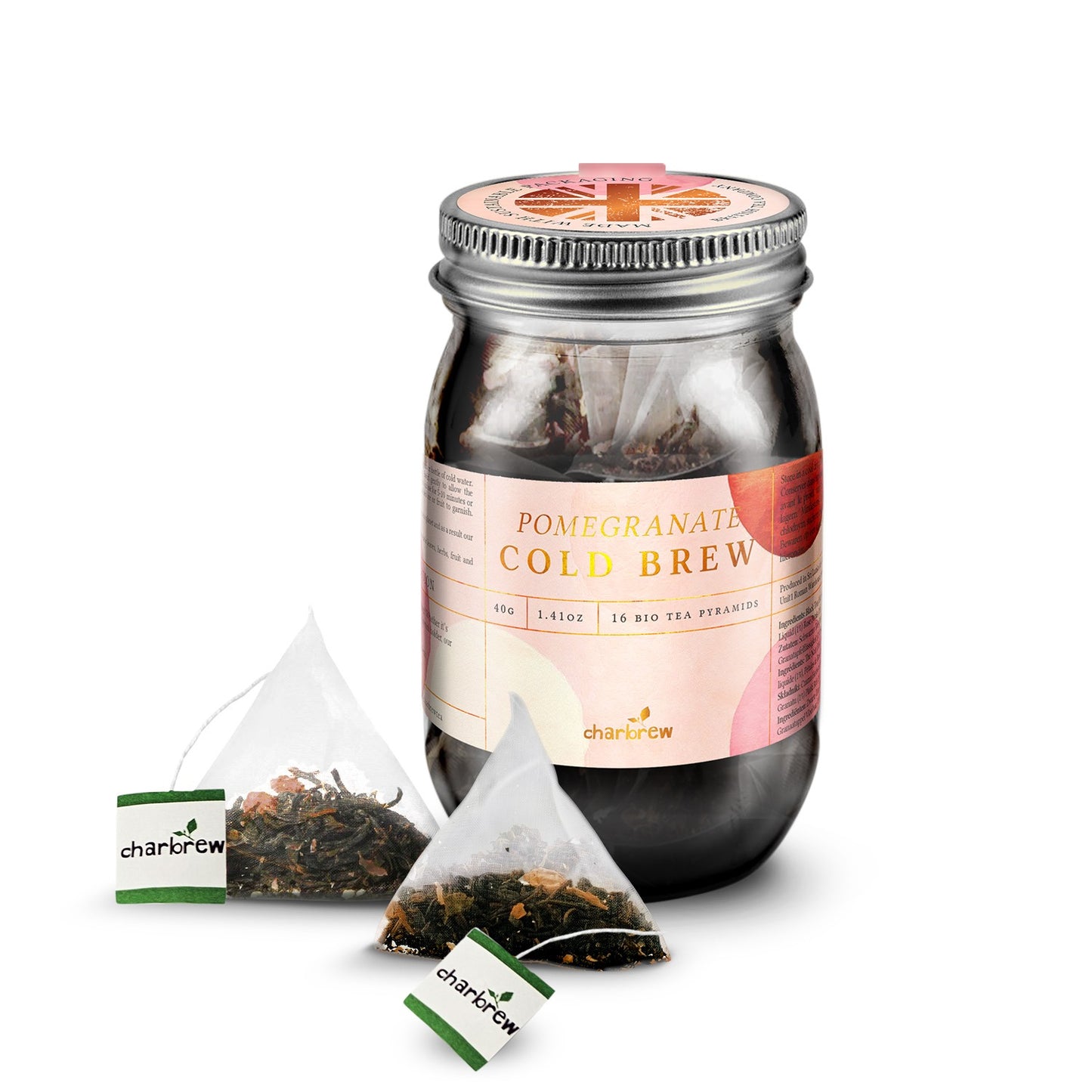 Pomegranate Cold Brew Tea Bags Mason Jar - 16 Biodegradable Pyramid Bags