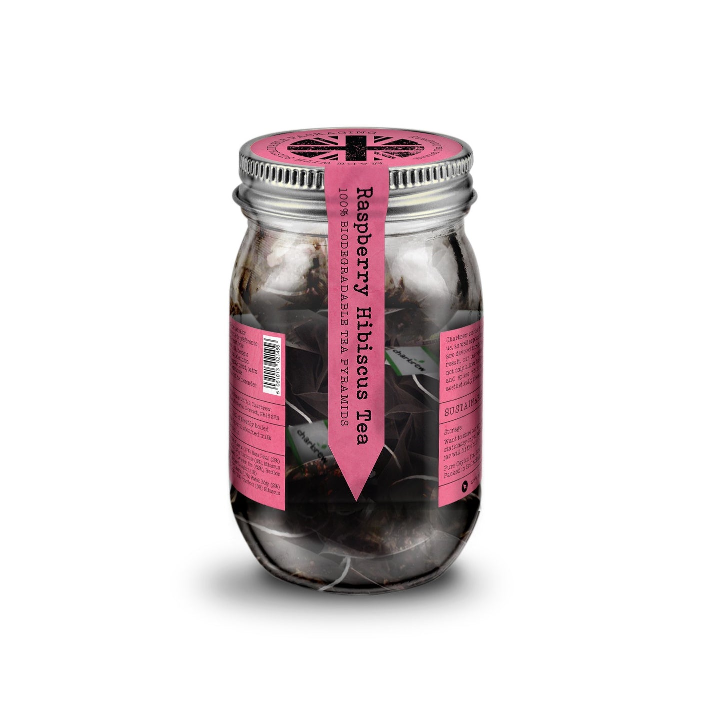 Raspberry Hibiscus Tea Bags Mason Jar - 16 Biodegradable Pyramid Bags