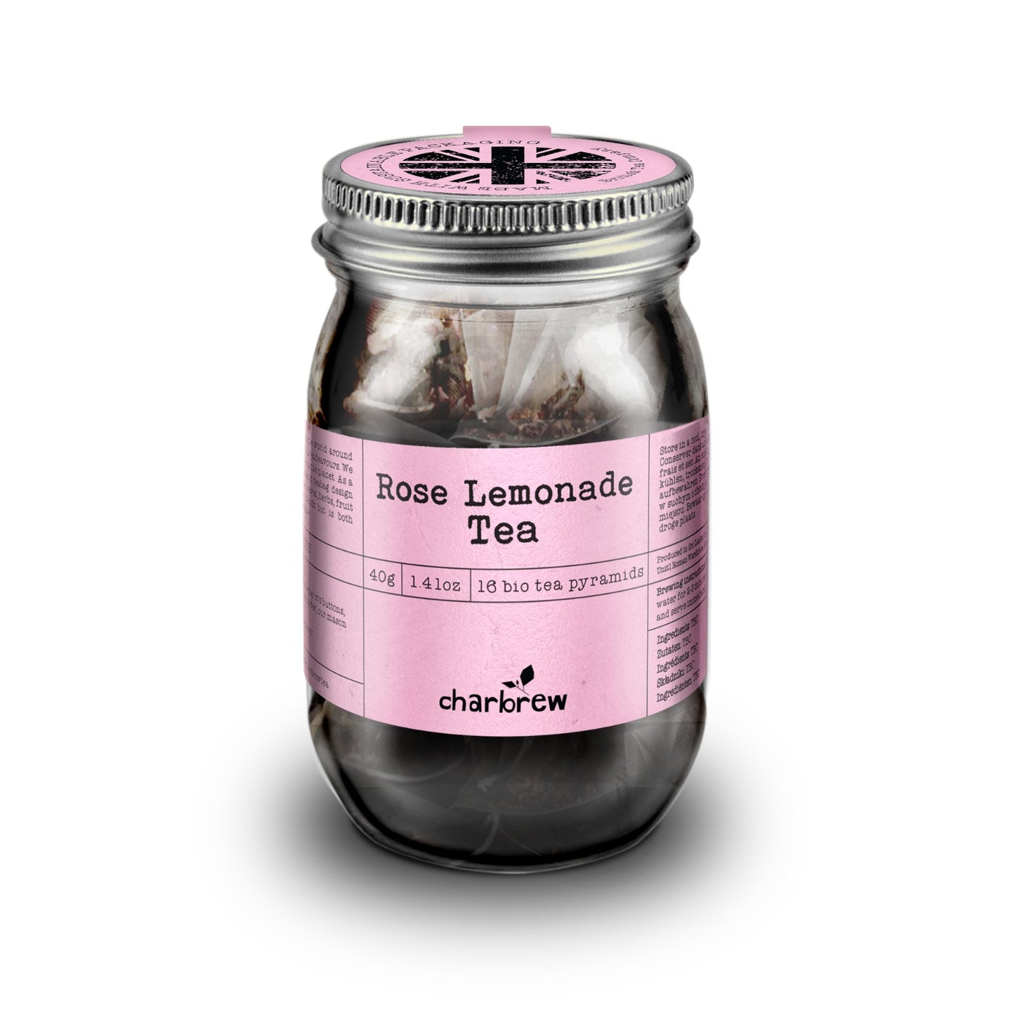 Rose Lemonade Tea Bags Mason Jar - 16 Biodegradable Pyramid Bags