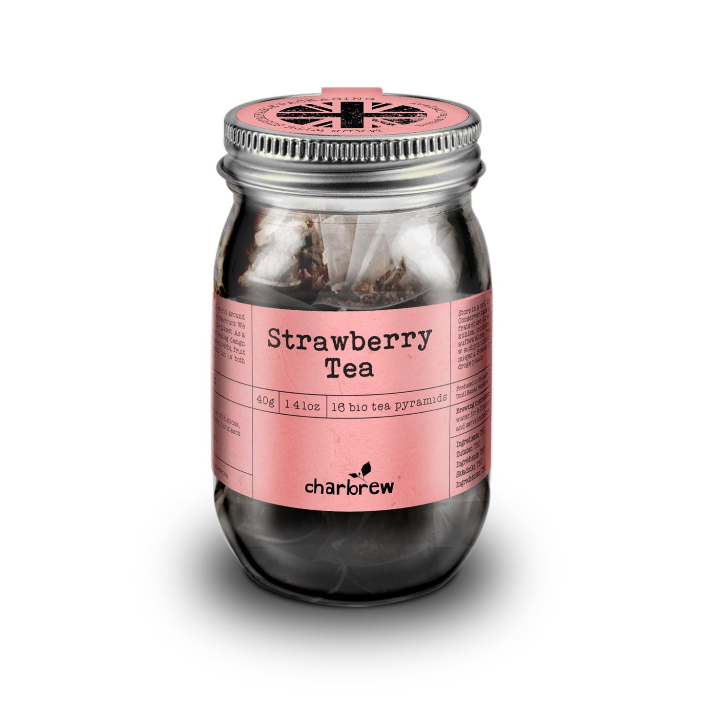 Strawberry Tea Bags Mason Jar - 16 Biodegradable Pyramid Bags