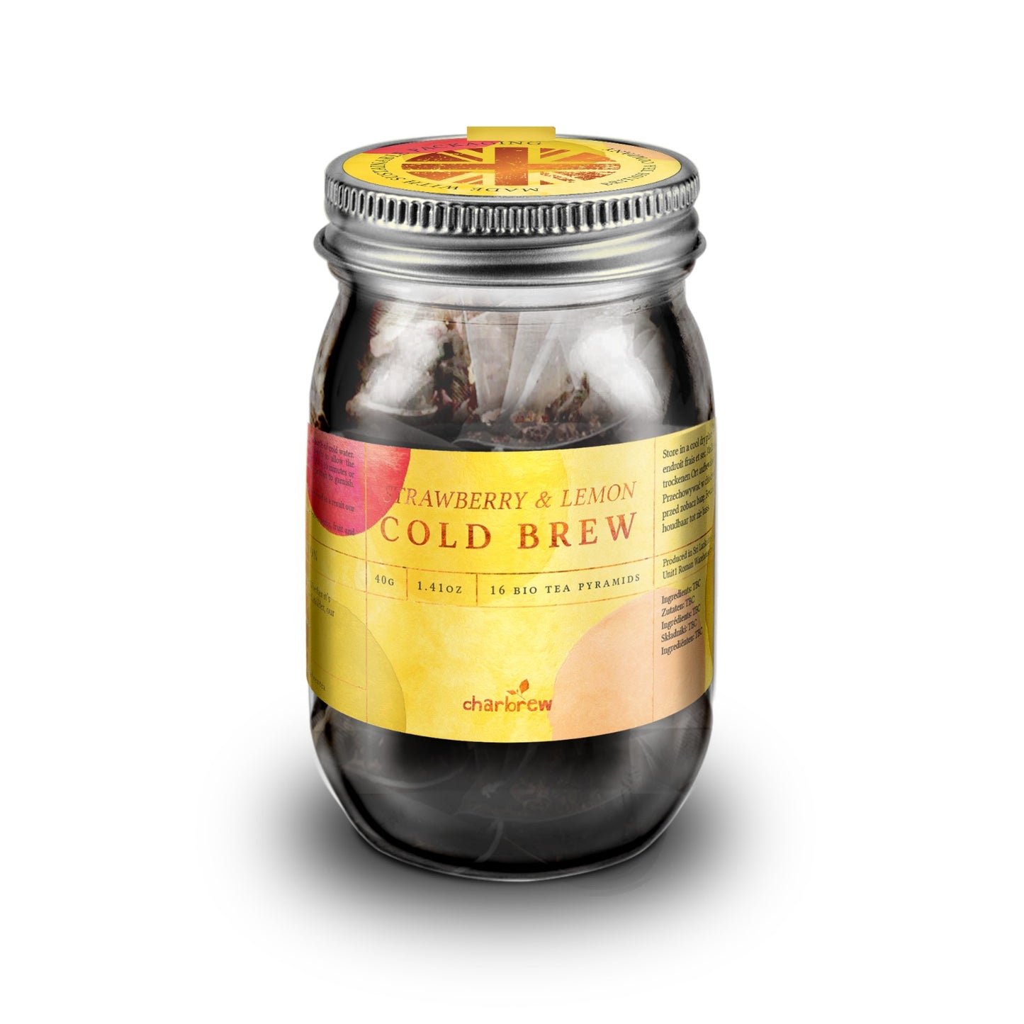 Strawberry & Lemon Cold Brew Tea Bags Mason Jar - 16 Biodegradable Pyramid Bags