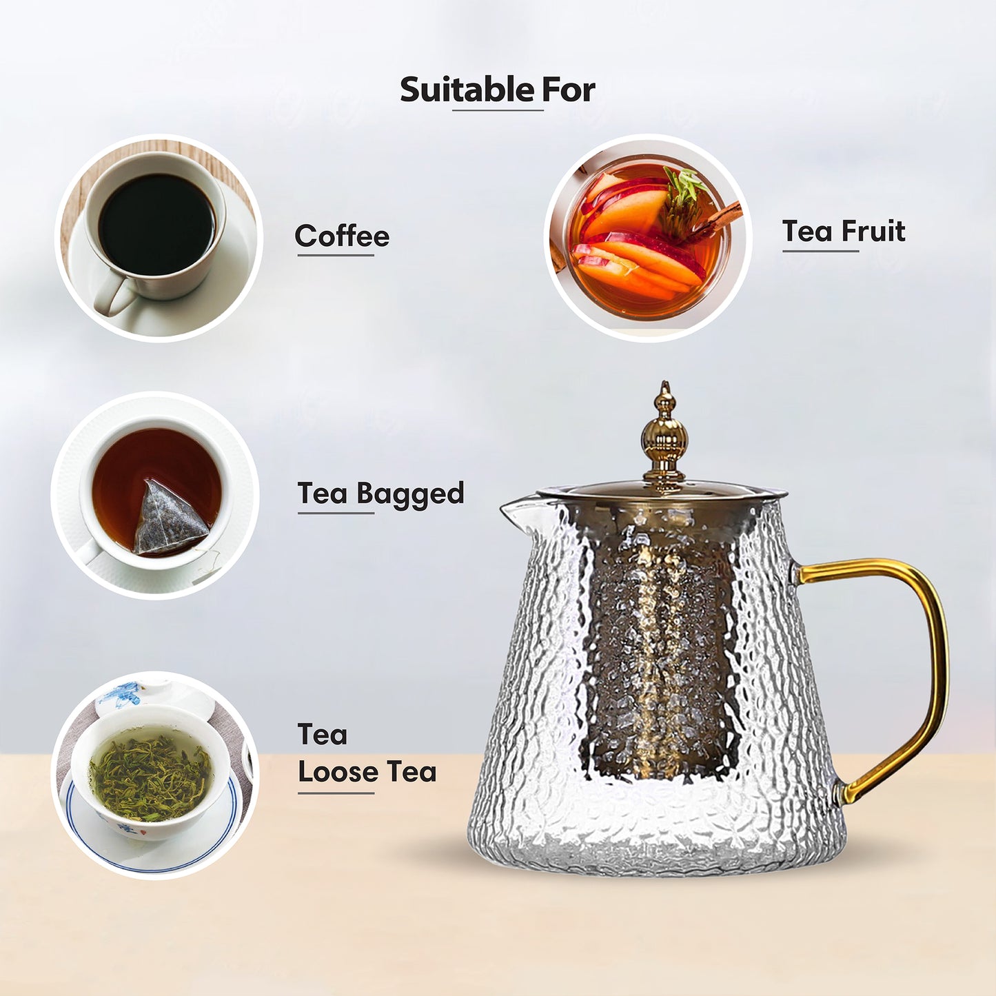 Gold Hammered Borosilicate Glass Teapot 900ml