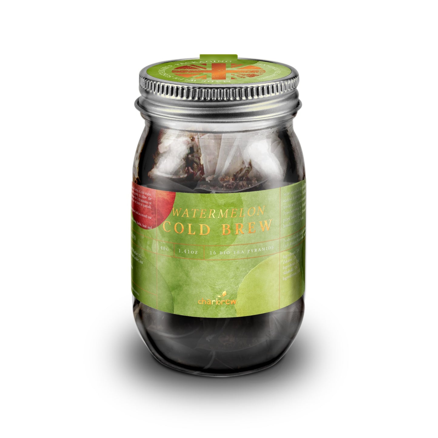 Watermelon Cold Brew Tea Bags Mason Jar - 16 Biodegradable Pyramid Bags