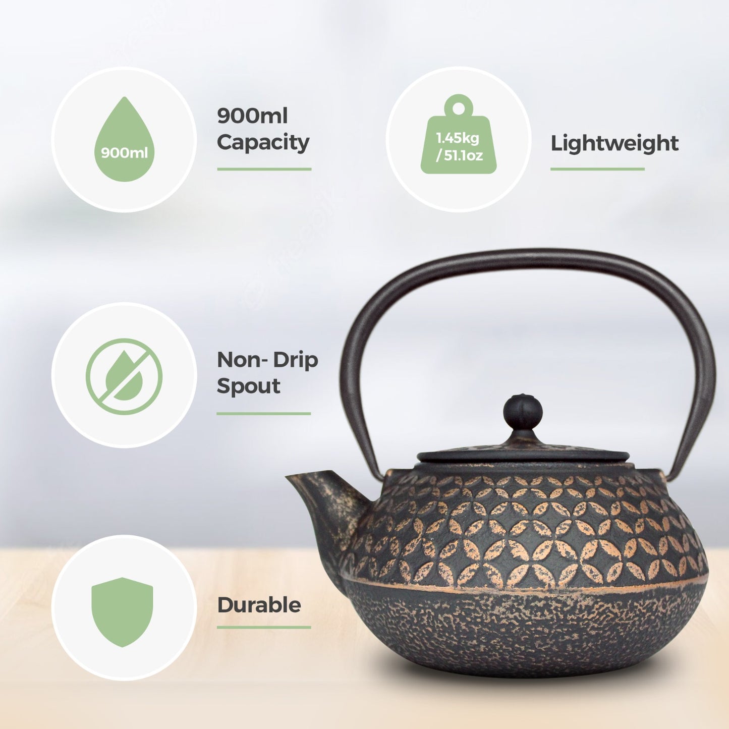 Chinese Black & Copper Cast Iron Teapot 900ml