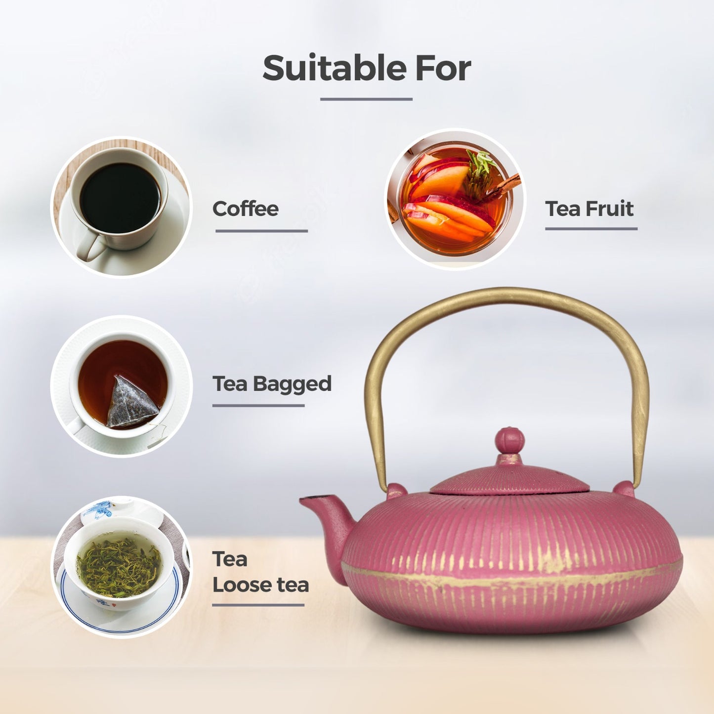 Chinese Pink Striped Cast Iron Teapot 1200ml