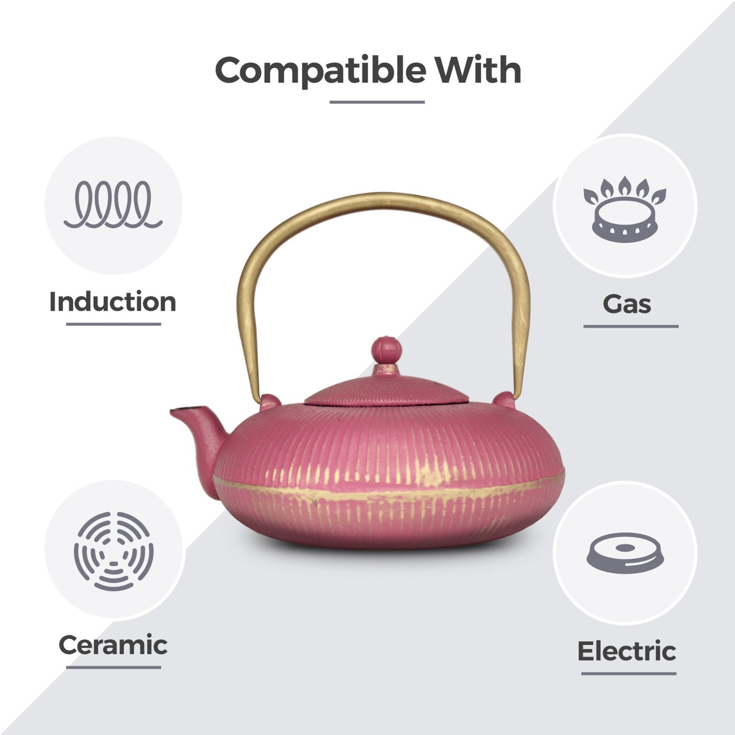 Chinese Pink Striped Cast Iron Teapot 1200ml