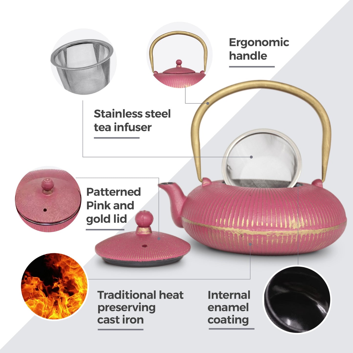 Chinese Pink Striped Cast Iron Teapot 1200ml