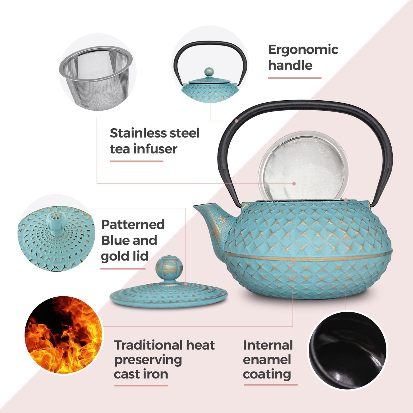 Chinese Blue Diamond Cast Iron Teapot 900ml