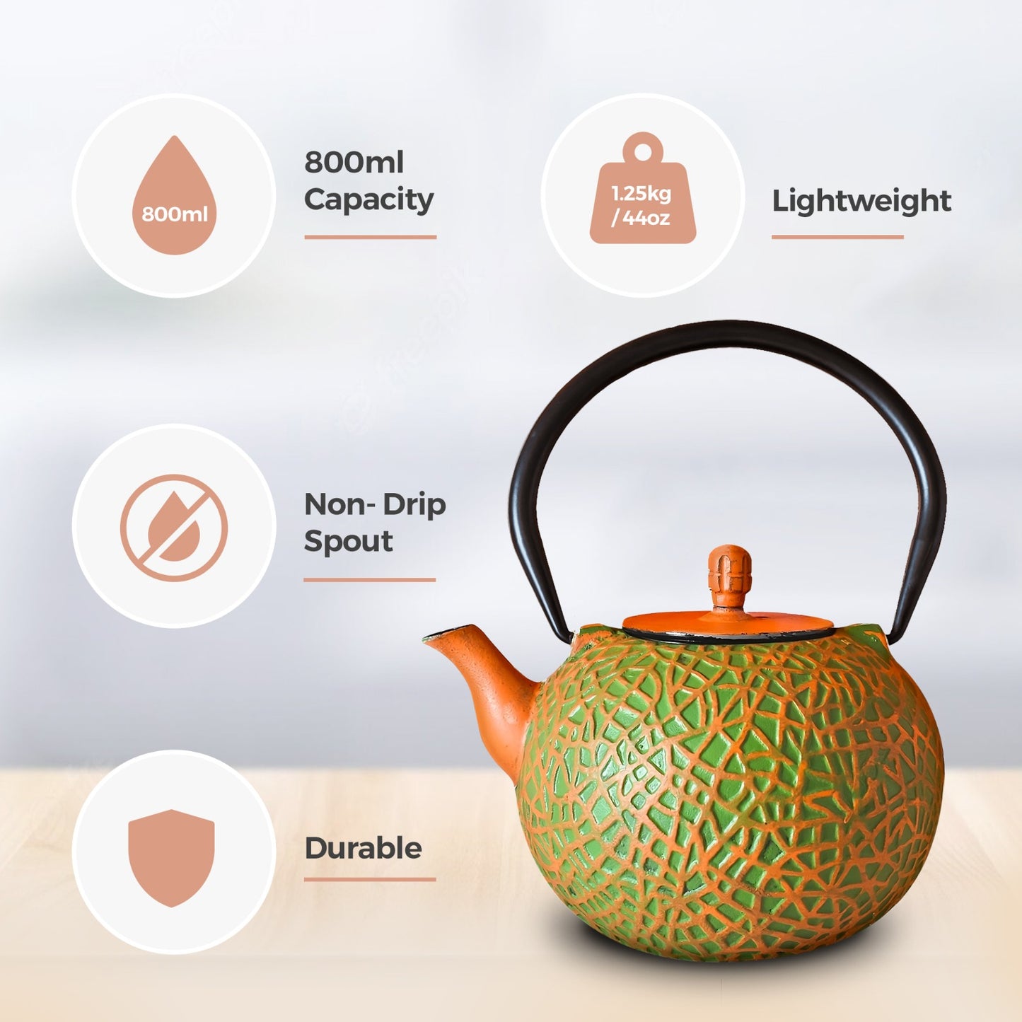 Chinese Olive & Orange Cast Iron Teapot 800ml