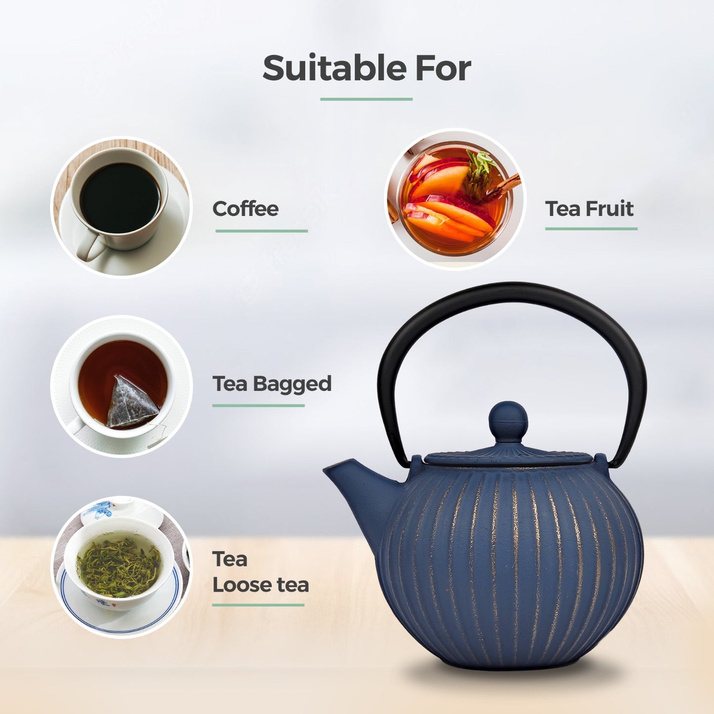 Chinese Blue & Gold Cast Iron Teapot 500ml