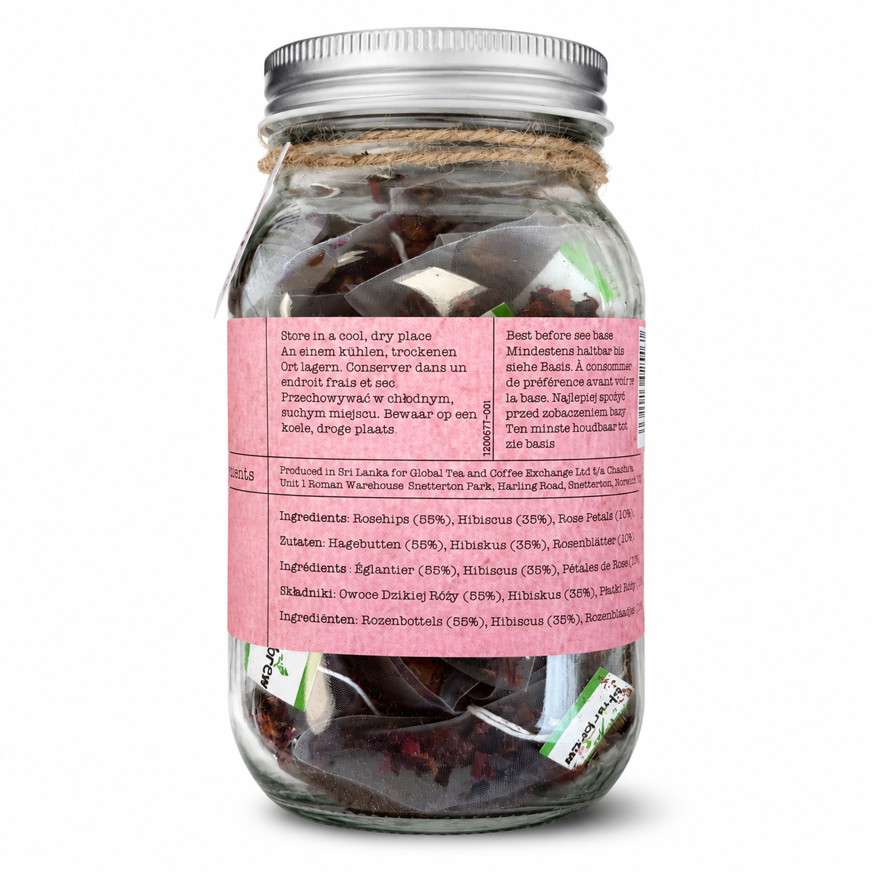 Rose Hibiscus Tea Bags Mason Jar - 24 Biodegradable Pyramid Bags
