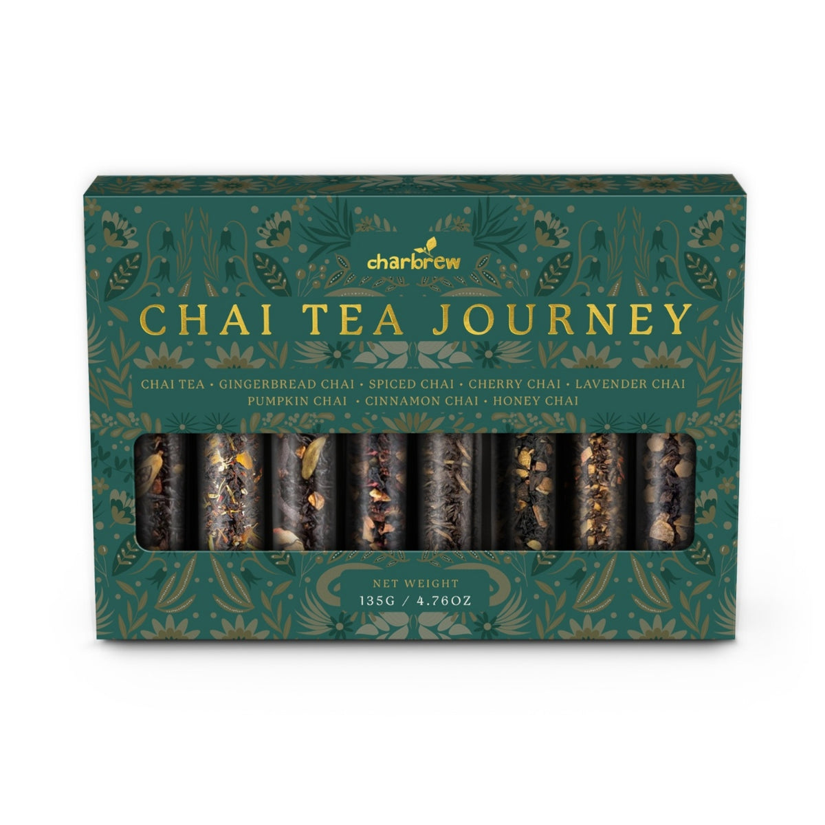 Front view of Charbrew Chai Tea Journey gift set with 8 assorted loose leaf chai tea blends