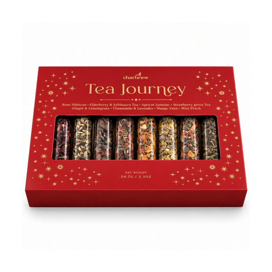 Charbrew Everyday Loose Leaf Tea Journey Christmas Gift laid flat, showing 8 assorted loose leaf tea blends